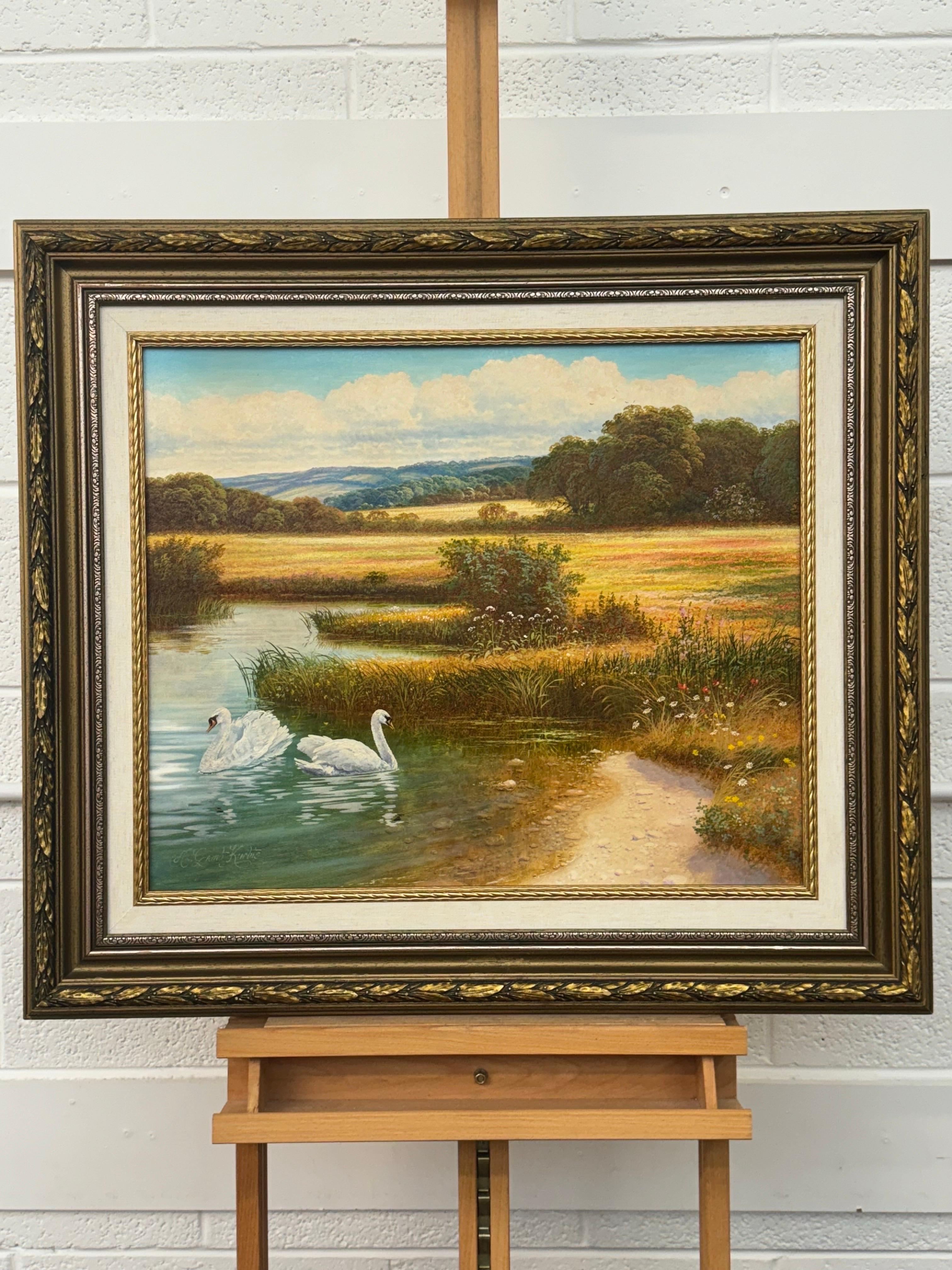 Swans on a River with Wild Flowers in the English Countryside by British Artist - Realist Painting by Andrew Grant Kurtis