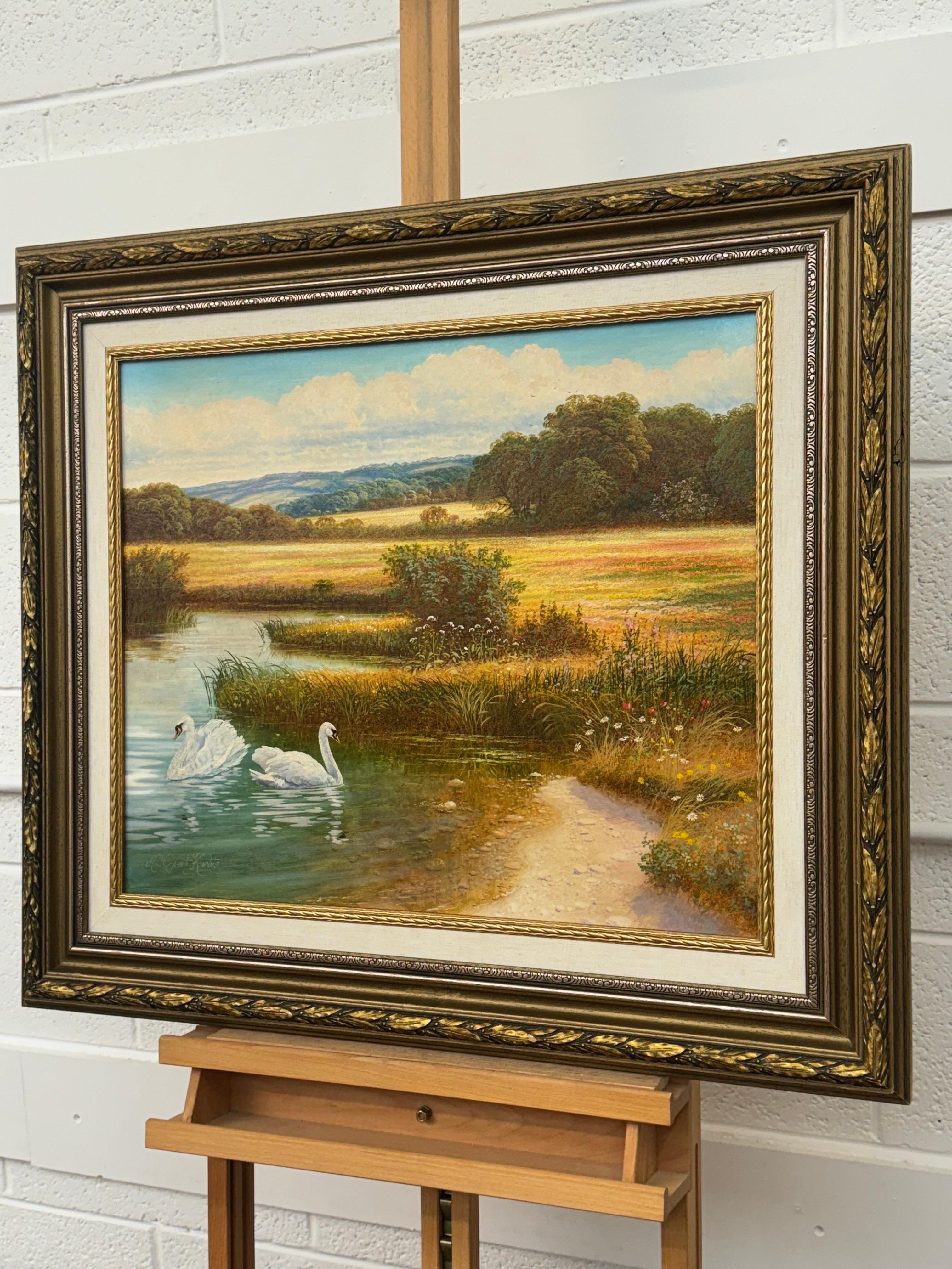 Swans on a River with Wild Flowers in the English Countryside by British Artist - Brown Landscape Painting by Andrew Grant Kurtis