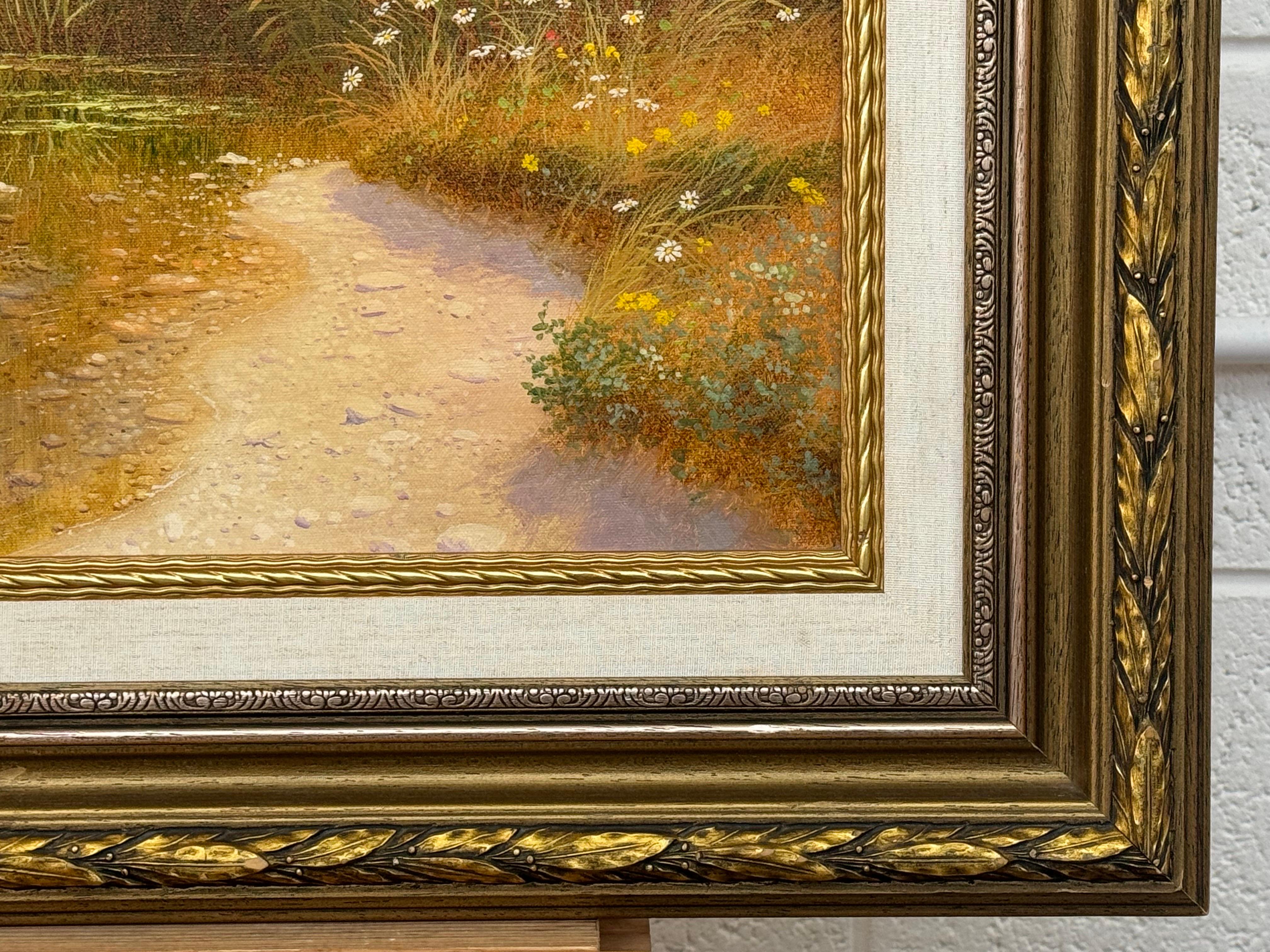 Swans on a River with Wild Flowers in the English Countryside by British Artist, Andrew Grant Kurtis M.A.(Lon) B.Des.(Hons) L.S.I.A.D. 

Art measures 24 x 20 inches
Frame measures 32.5 x 28.5 inches 

This exquisite oil painting exudes tranquility