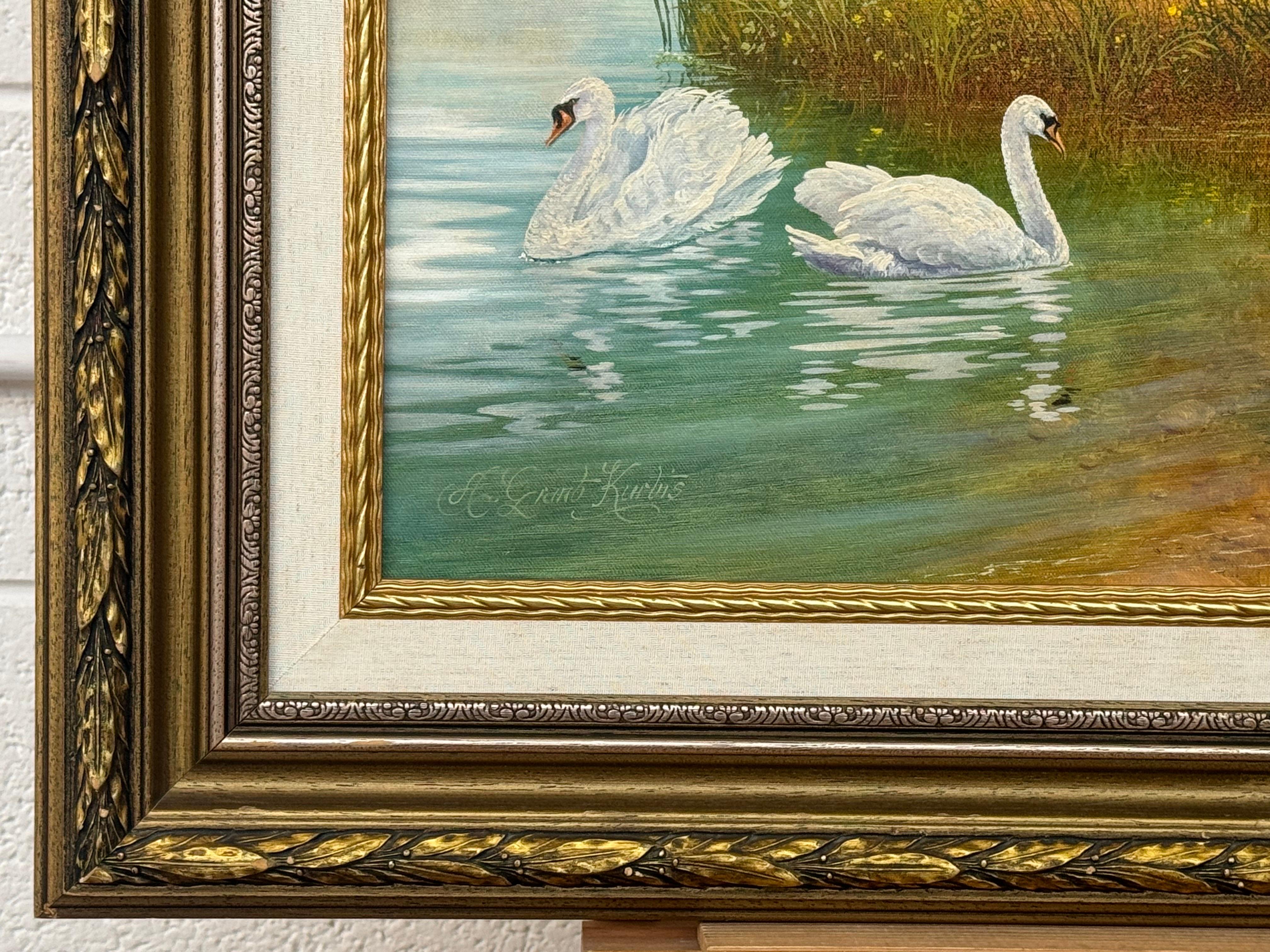Swans on a River with Wild Flowers in the English Countryside by British Artist For Sale 1