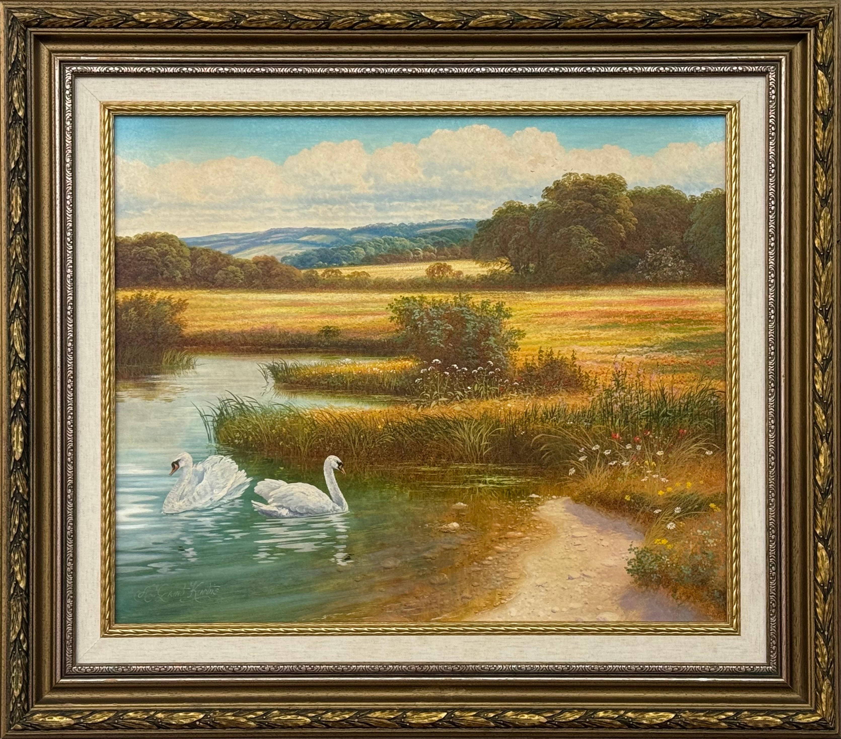 Andrew Grant Kurtis Landscape Painting - Swans on a River with Wild Flowers in the English Countryside by British Artist
