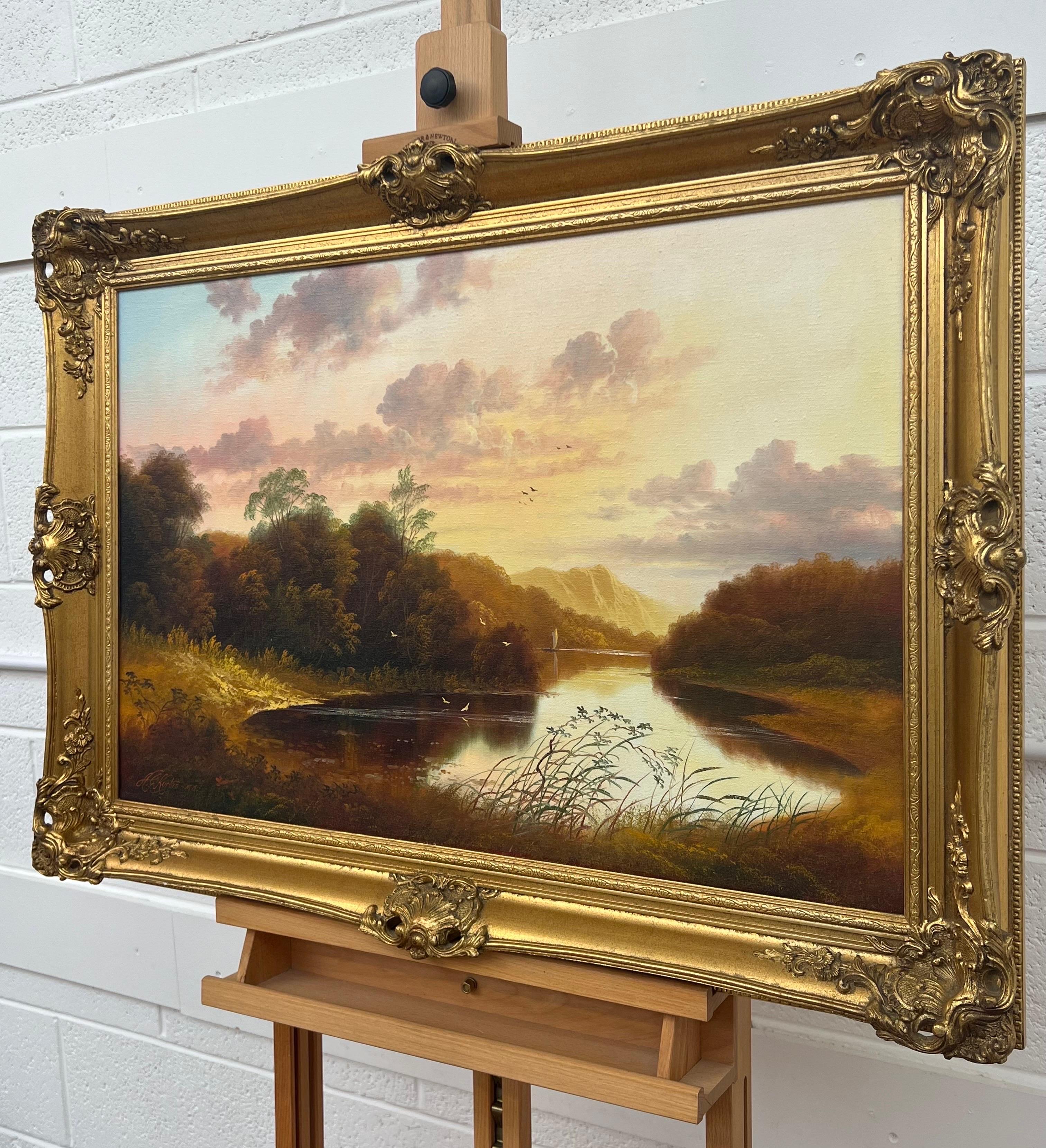 Warm Autumnal Mountain Lake Oil Painting of Scottish Highlands by British Artist, Andrew Grant Kurtis M.A.(Lon) B.Des.(Hons) L.S.I.A.D.

Art measures 30 x 20 inches 
Frame measures 36 x 26 inches 

As an artist of both classical and traditional