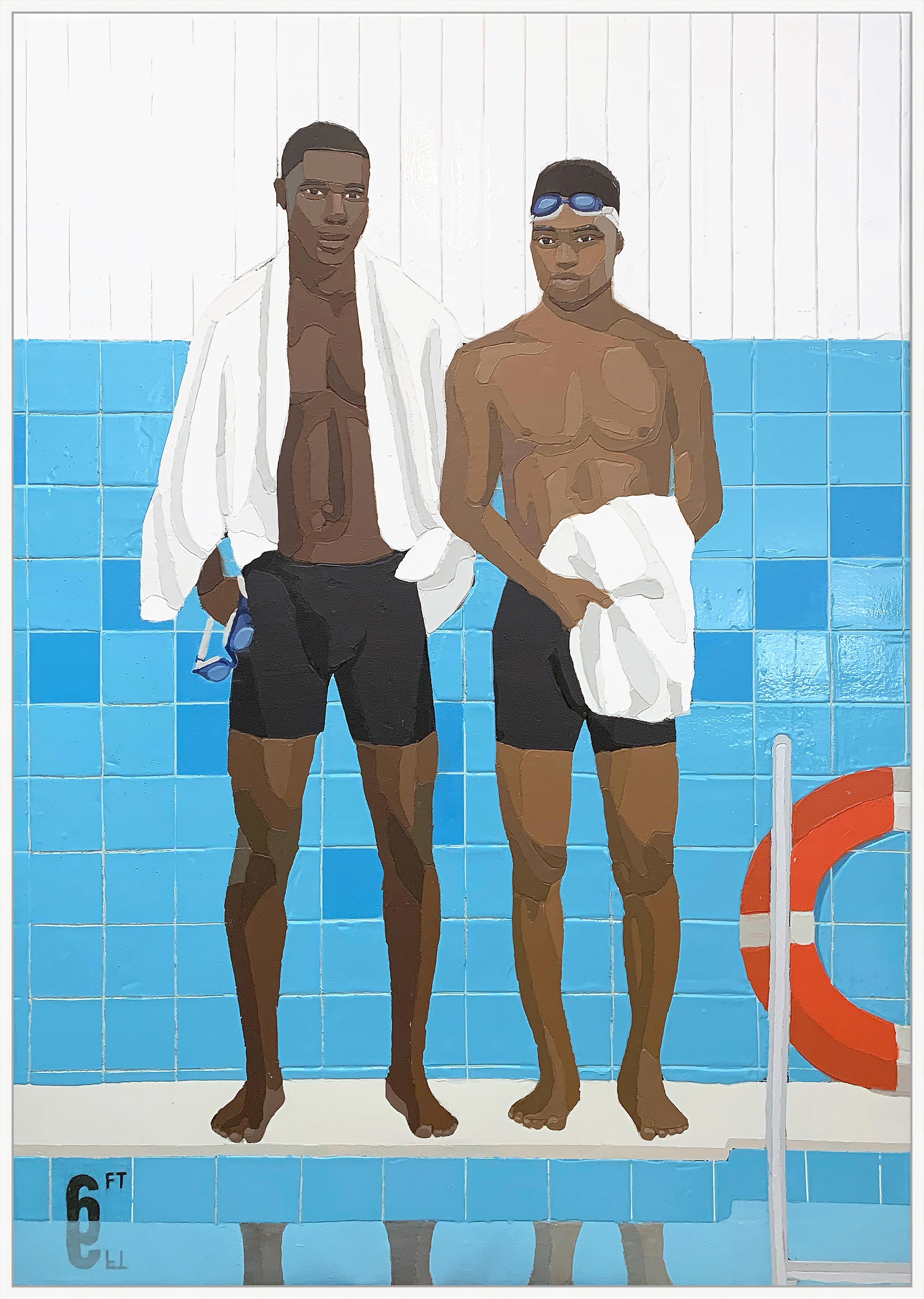 Andrew Gray Portrait Painting - "Condition Week" - Original Acrylic Painting Featuring two Male Swimmers