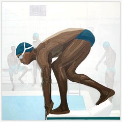 "Stay in Your Lane"  Peinture acrylique d'un nageur dynamique se préparant à plonger