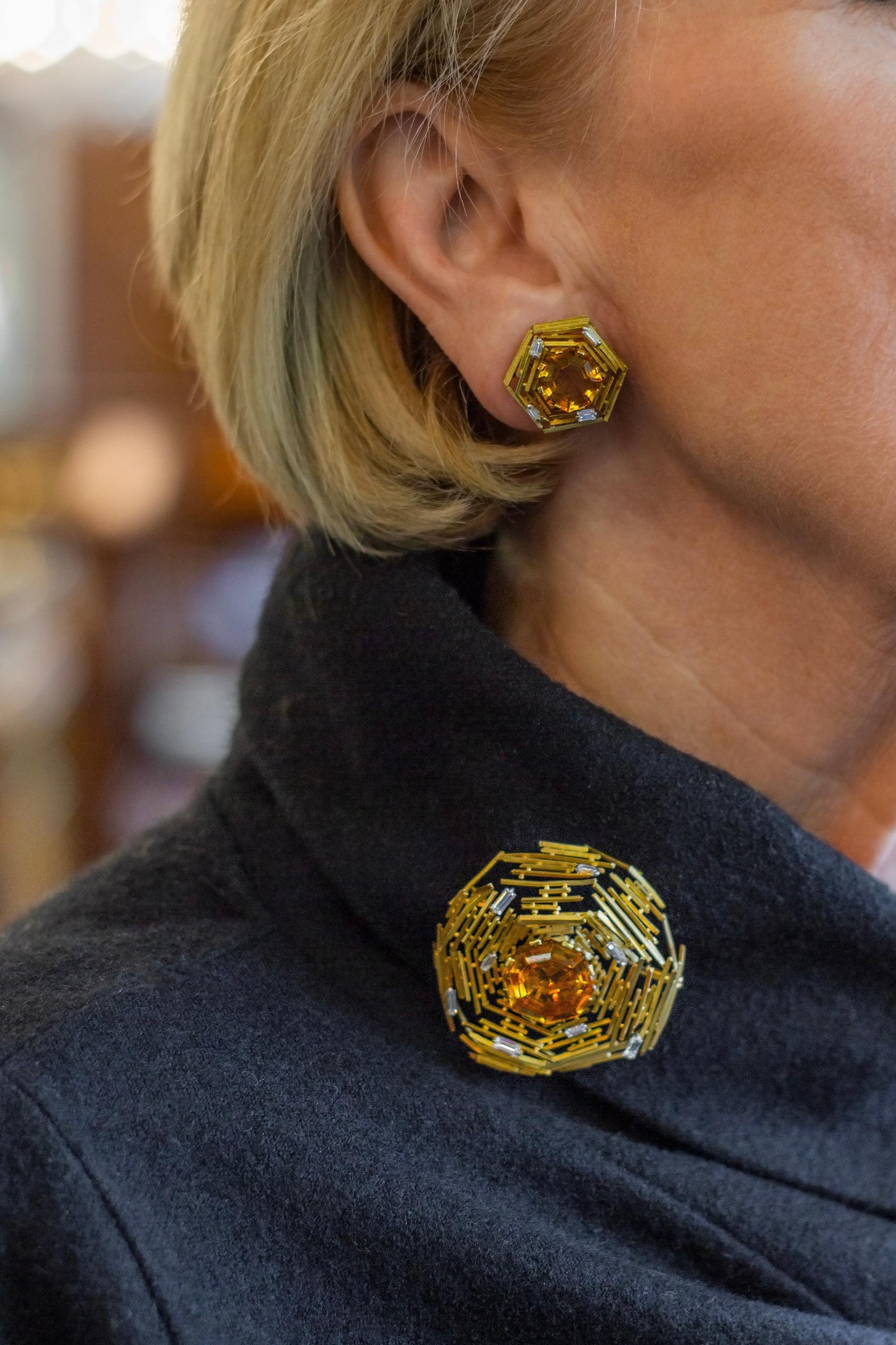 The most incredible gold brooch by perhaps the most famous modernist jeweller to have lived, Andrew Grima. Formed from 18 karat gold this 'nest' style brooch is crafted with satin-finished gold bars which interconnect, centring on an octagonal
