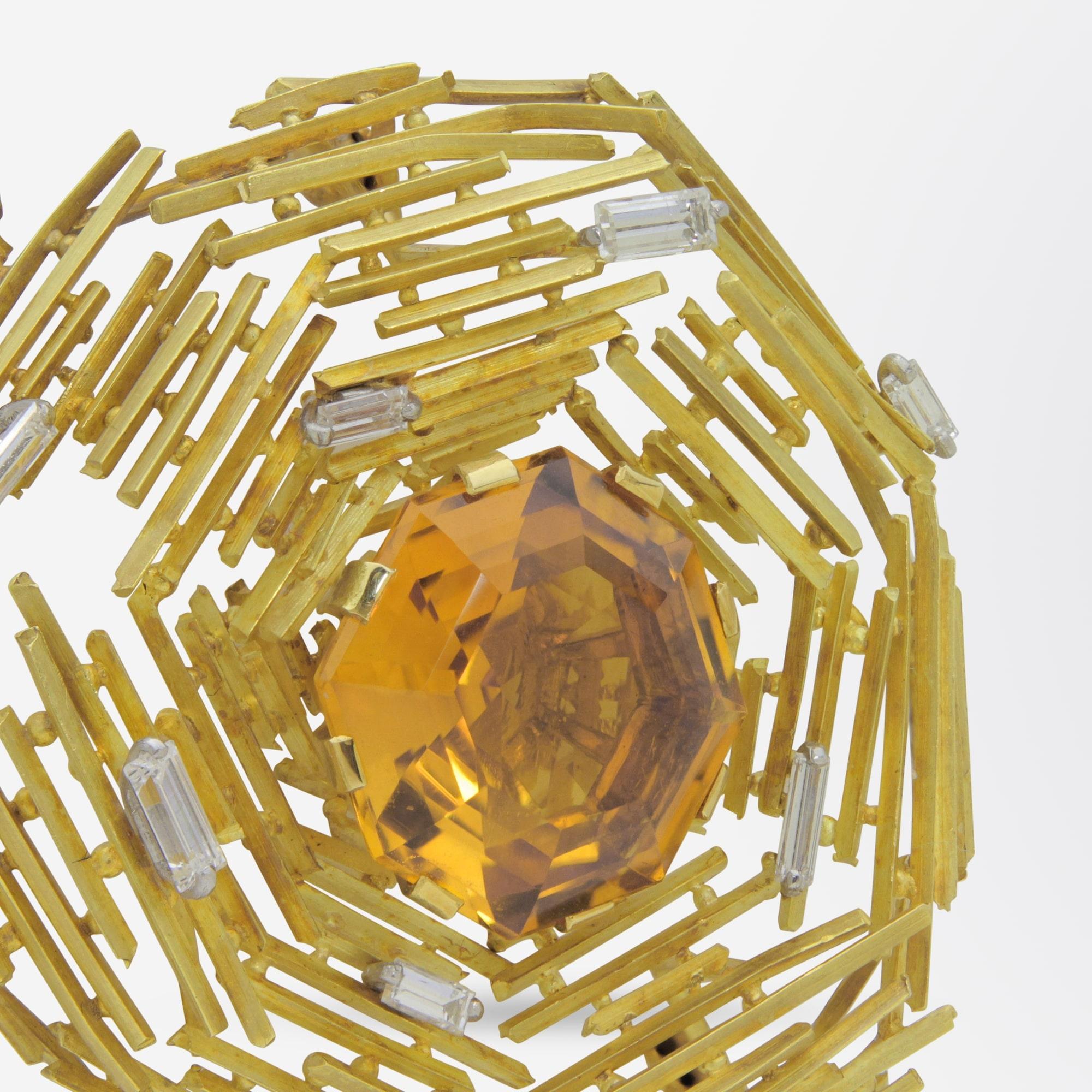 Octagon Cut Andrew Grima 18 Karat Gold, Citrine and Diamond Brooch For Sale