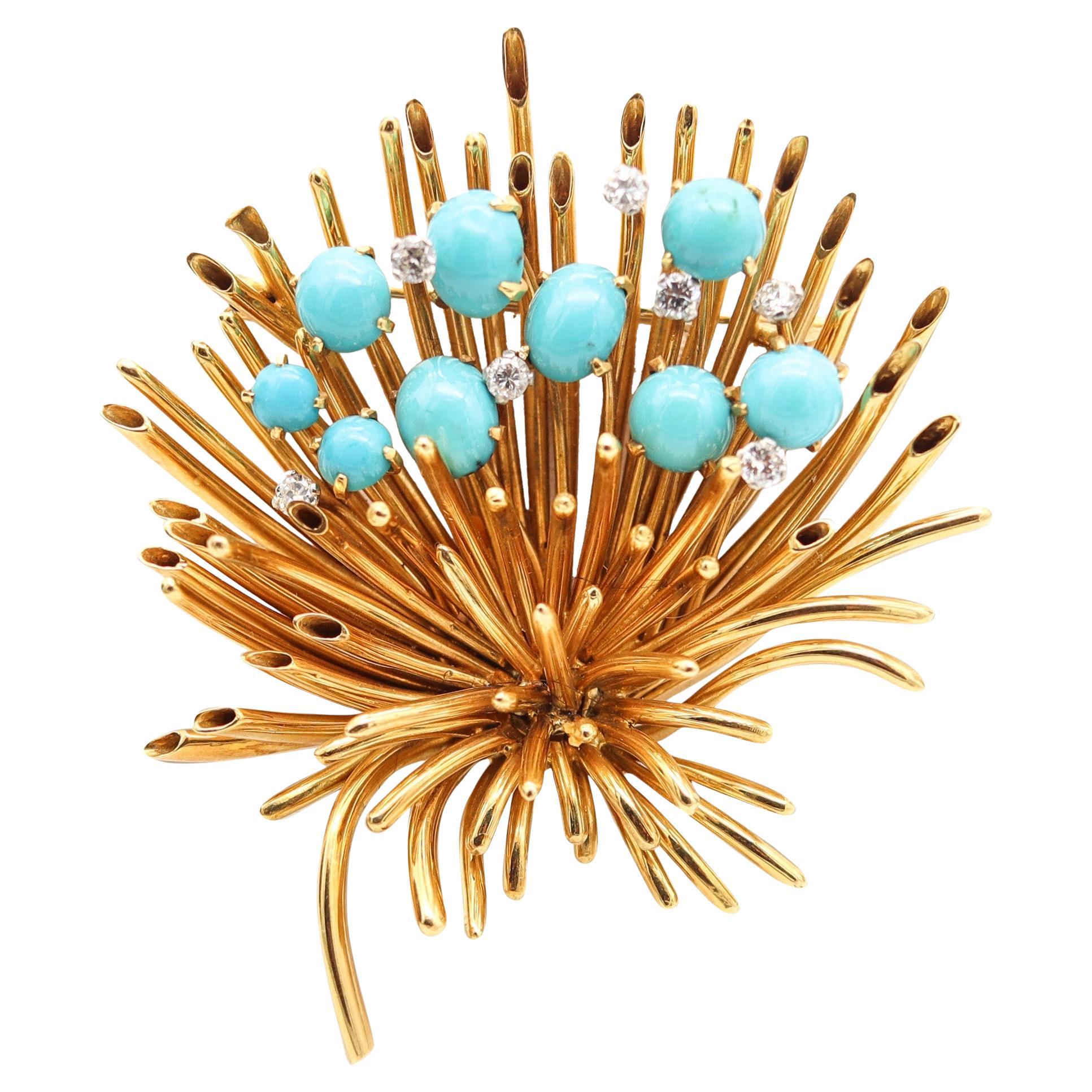 ANDREW GRIMA 1963 London Turquoises Massive Brooch In 18Kt Gold With Diamonds en vente