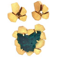 Andrew Grima 1970s Dioptase and Gold Pendant or Brooch and Earrings