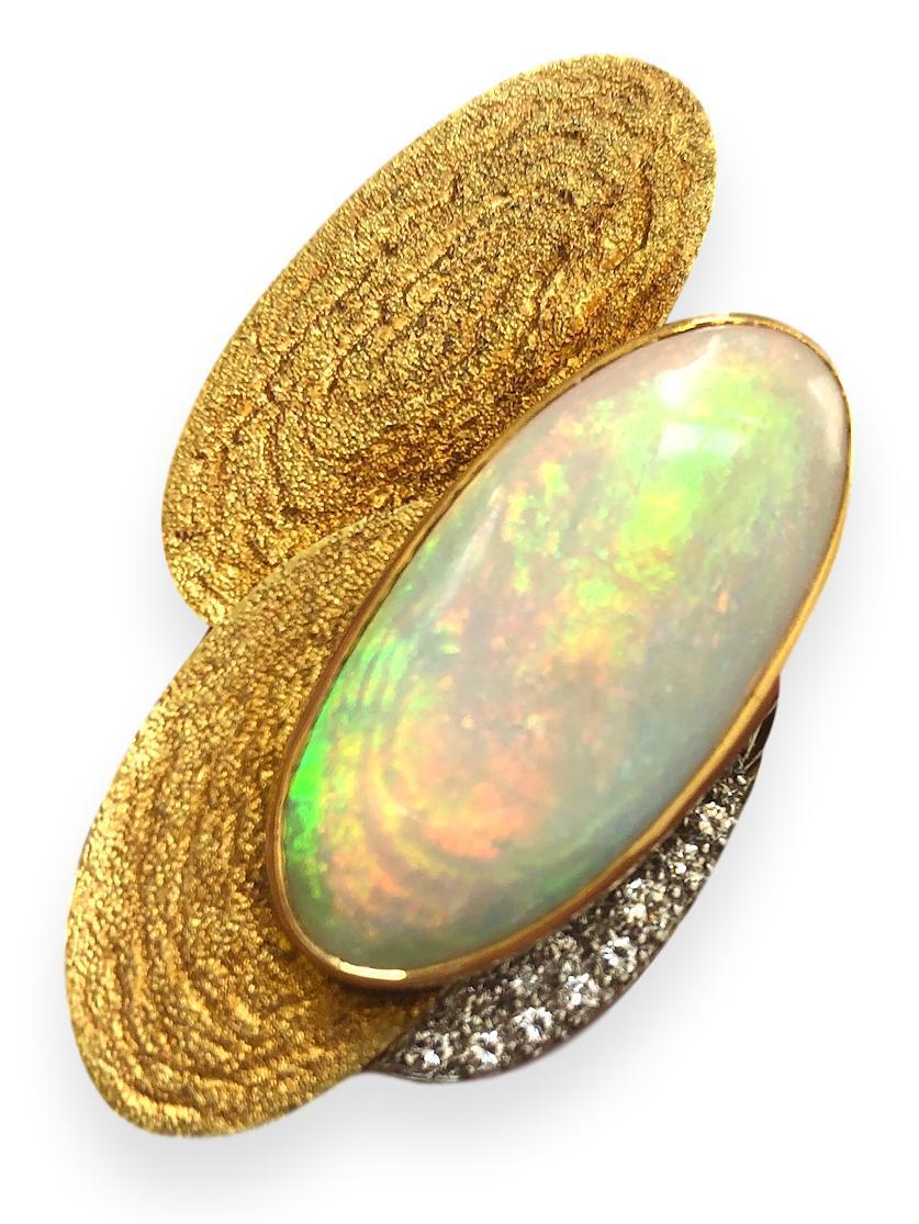Andrew Grima 1970s Opal Gold and Diamond Brooch In Excellent Condition In Cincinnati, OH
