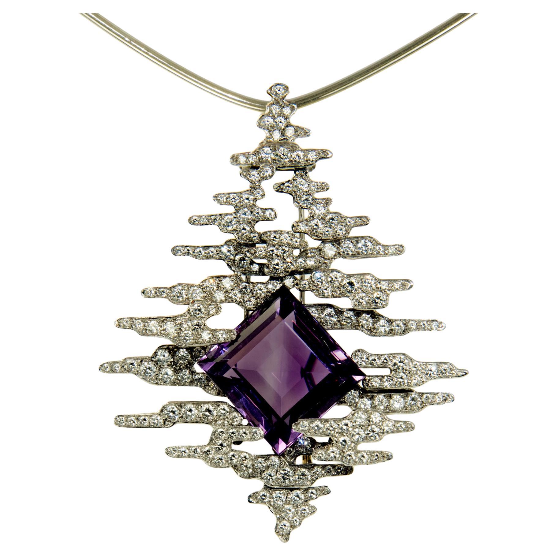 Andrew Grima Amethyst, Diamond and Gold Brooch/Pendant Necklace