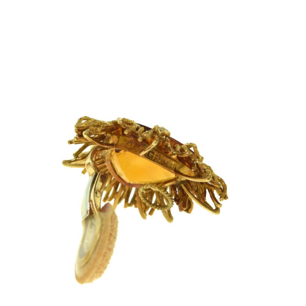 Women's or Men's Andrew Grima Citrine, Diamond Yellow Gold Textured Wire Brooch Earring Large Set For Sale