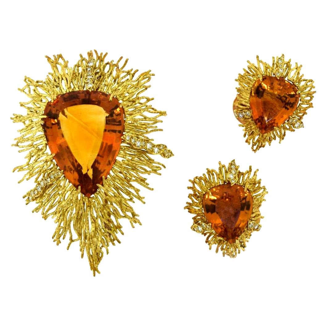 Andrew Grima Citrine, Diamond Yellow Gold Textured Wire Brooch Earring Large Set For Sale