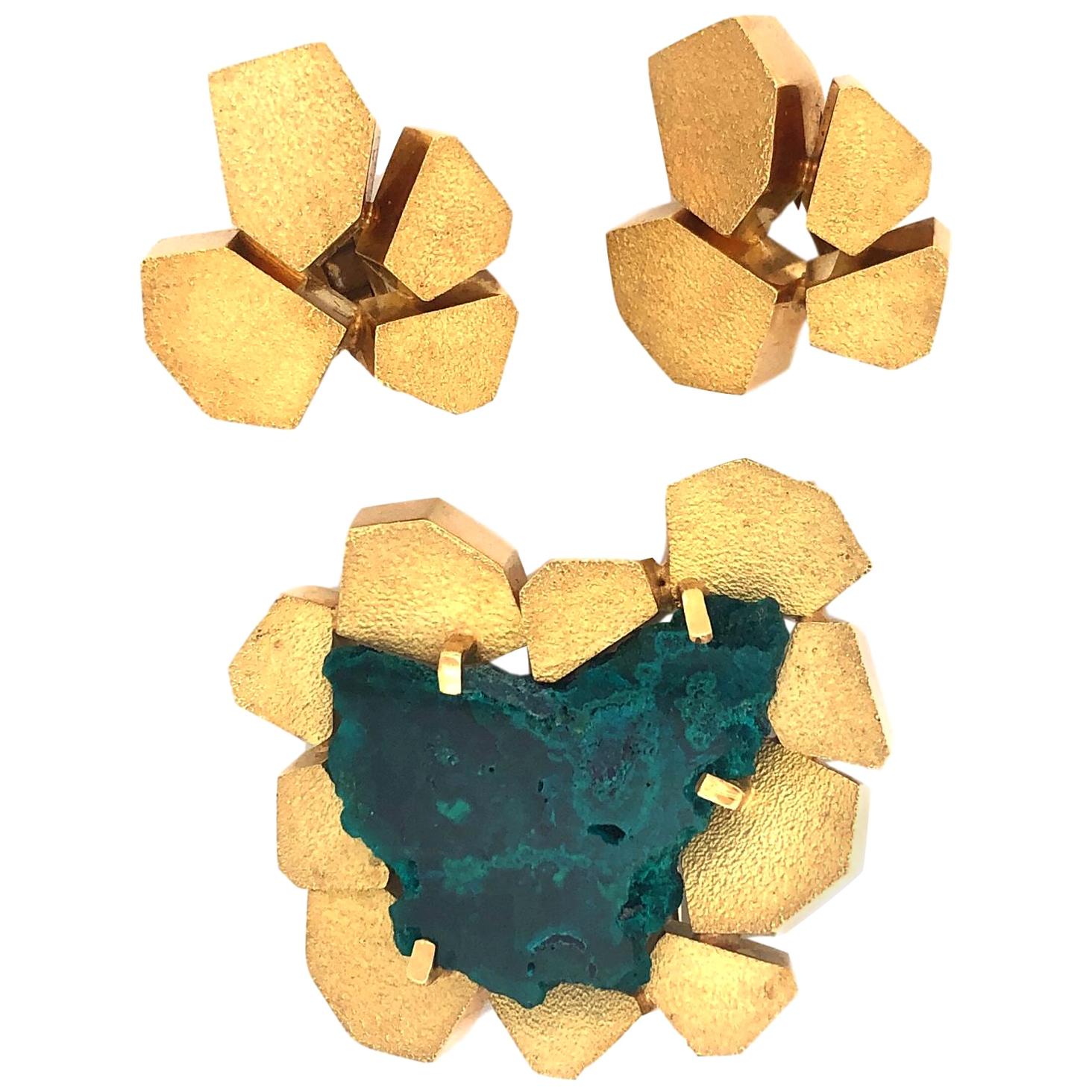 Andrew Grima Dioptase and Gold Pendant / Brooch and Earrings, 1970s