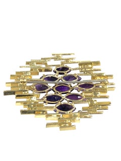 Alan Gard Leading British Designer Grande spilla modernista in oro con diamante e ametista