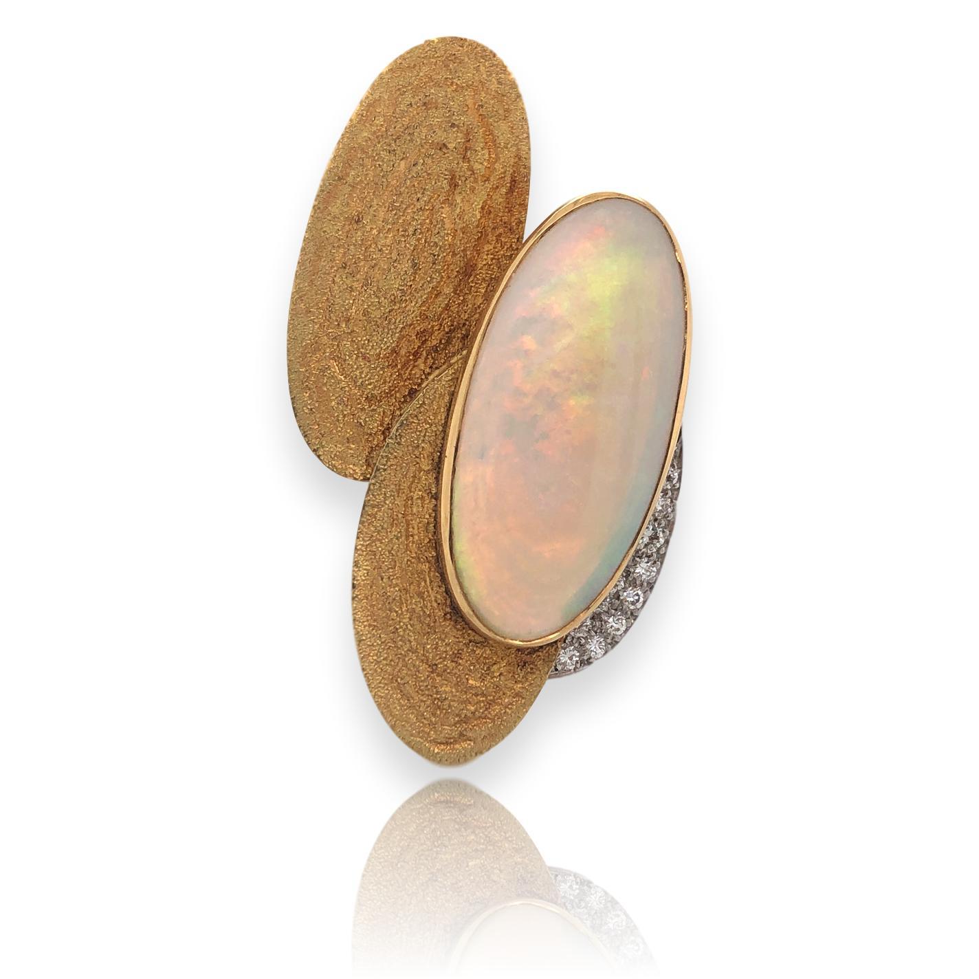 Modernist Andrew Grima Opal Gold and Diamond Brooch, 1970