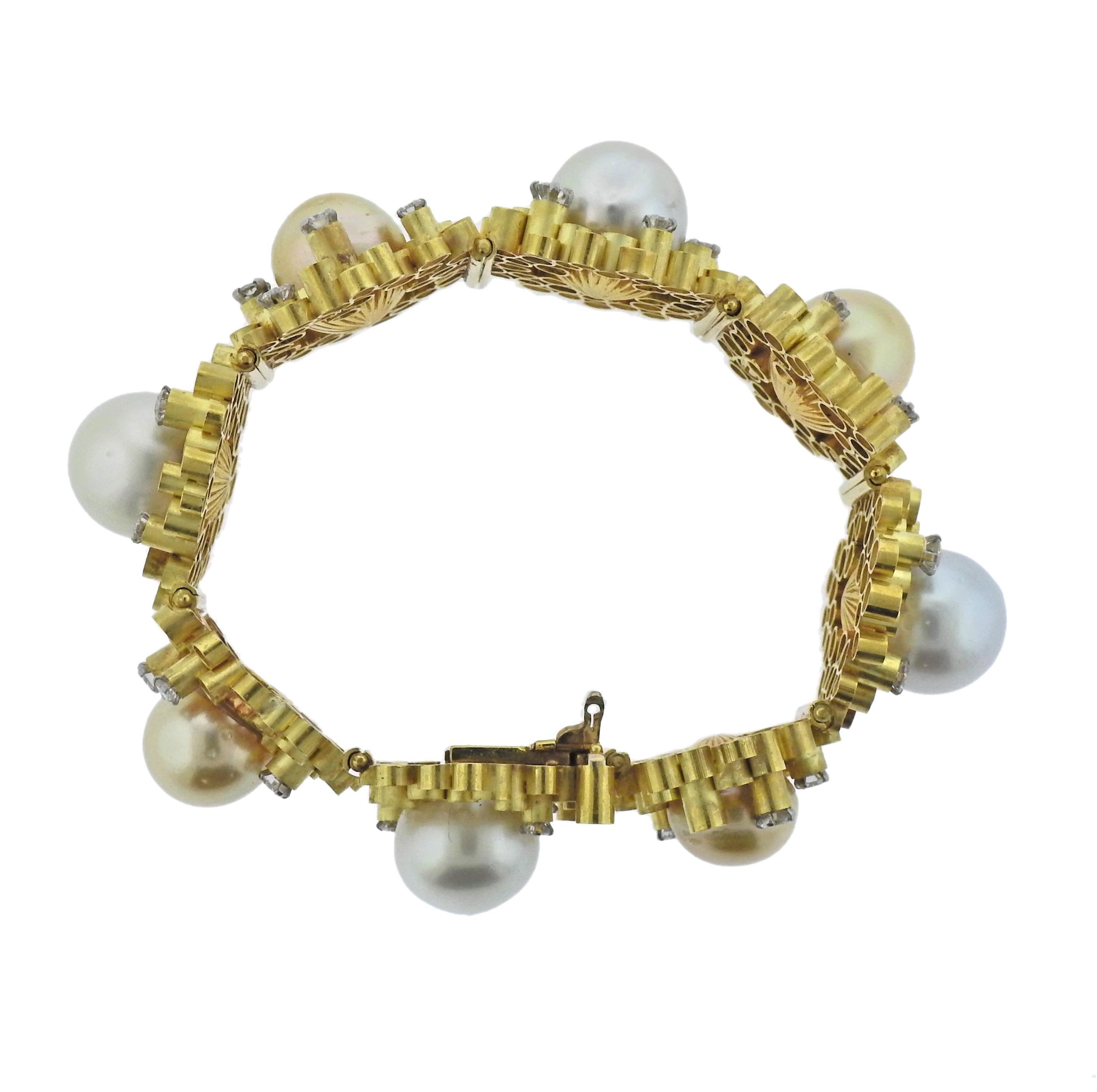 Round Cut Andrew Grima Pearl Diamond Gold Honeycomb Bracelet For Sale