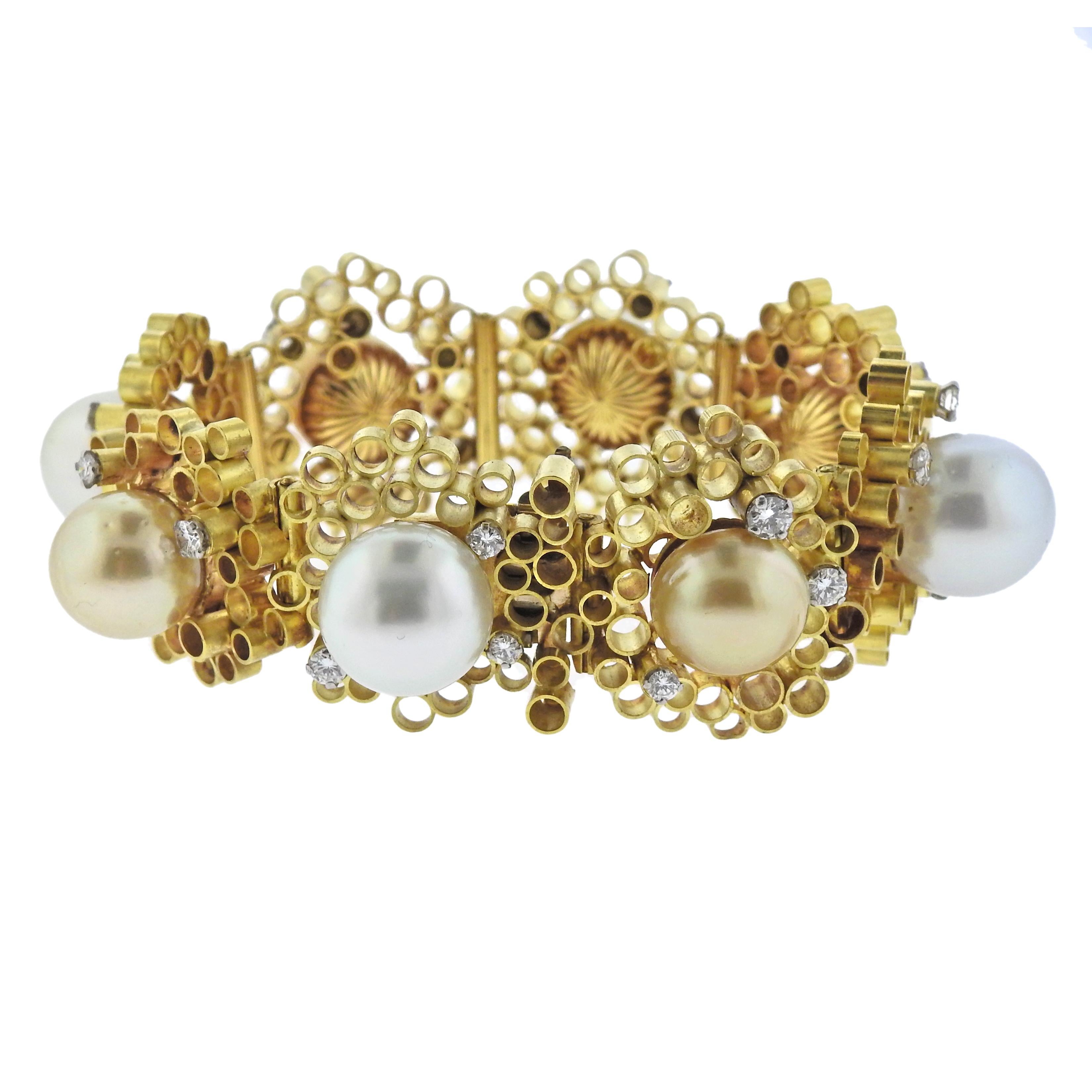 Andrew Grima Pearl Diamond Gold Honeycomb Bracelet In Excellent Condition For Sale In Lambertville, NJ