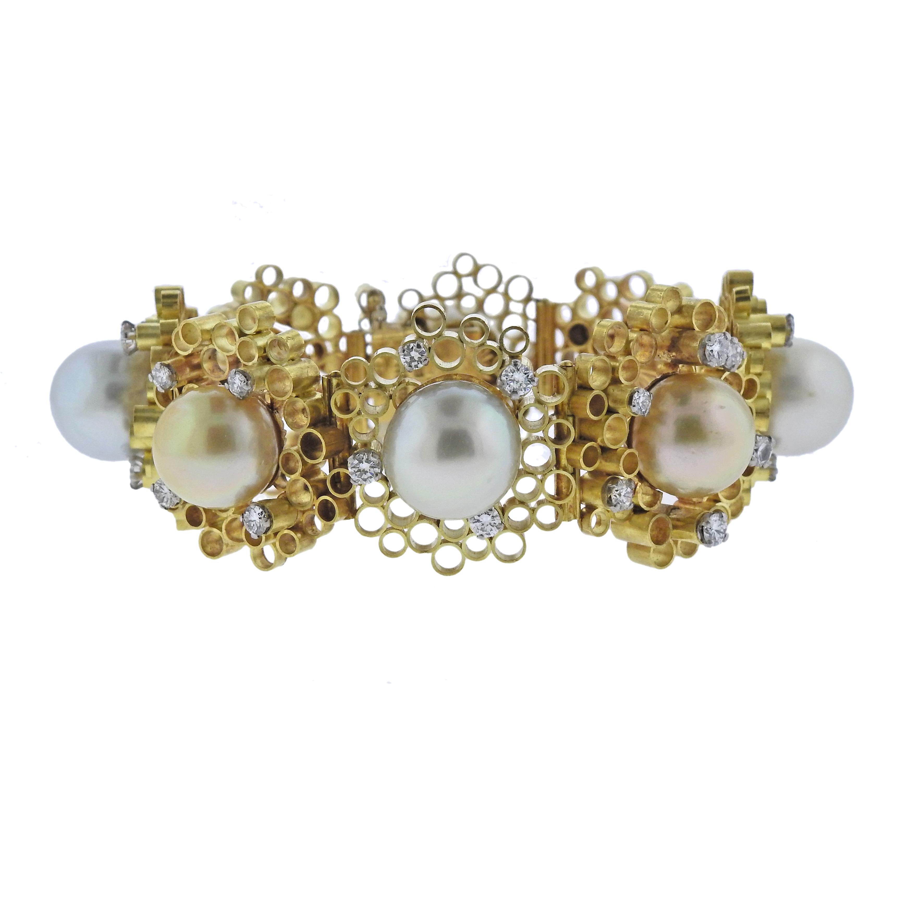 Andrew Grima Pearl Diamond Gold Honeycomb Bracelet For Sale 1