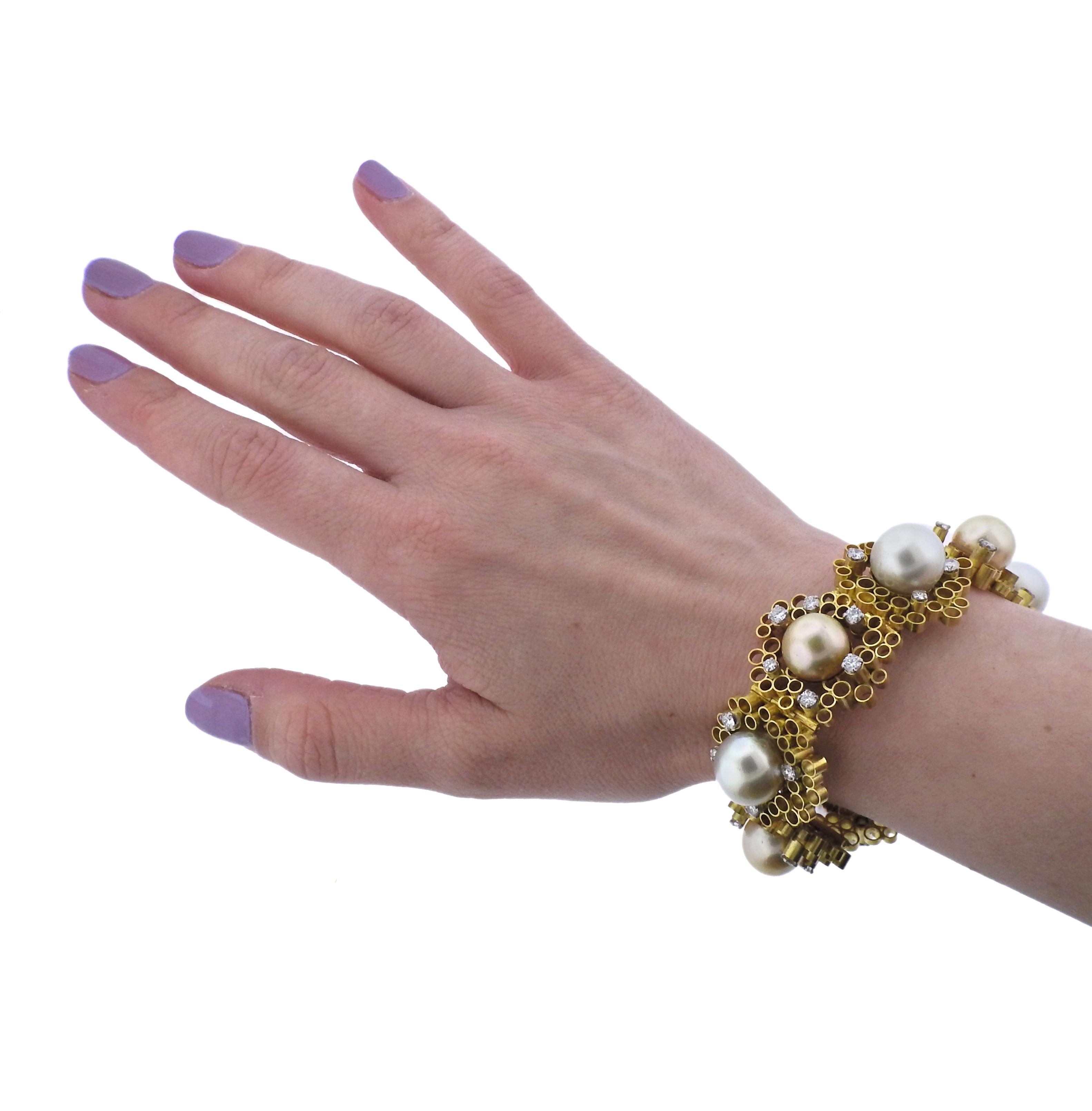 Andrew Grima Pearl Diamond Gold Honeycomb Bracelet For Sale 2