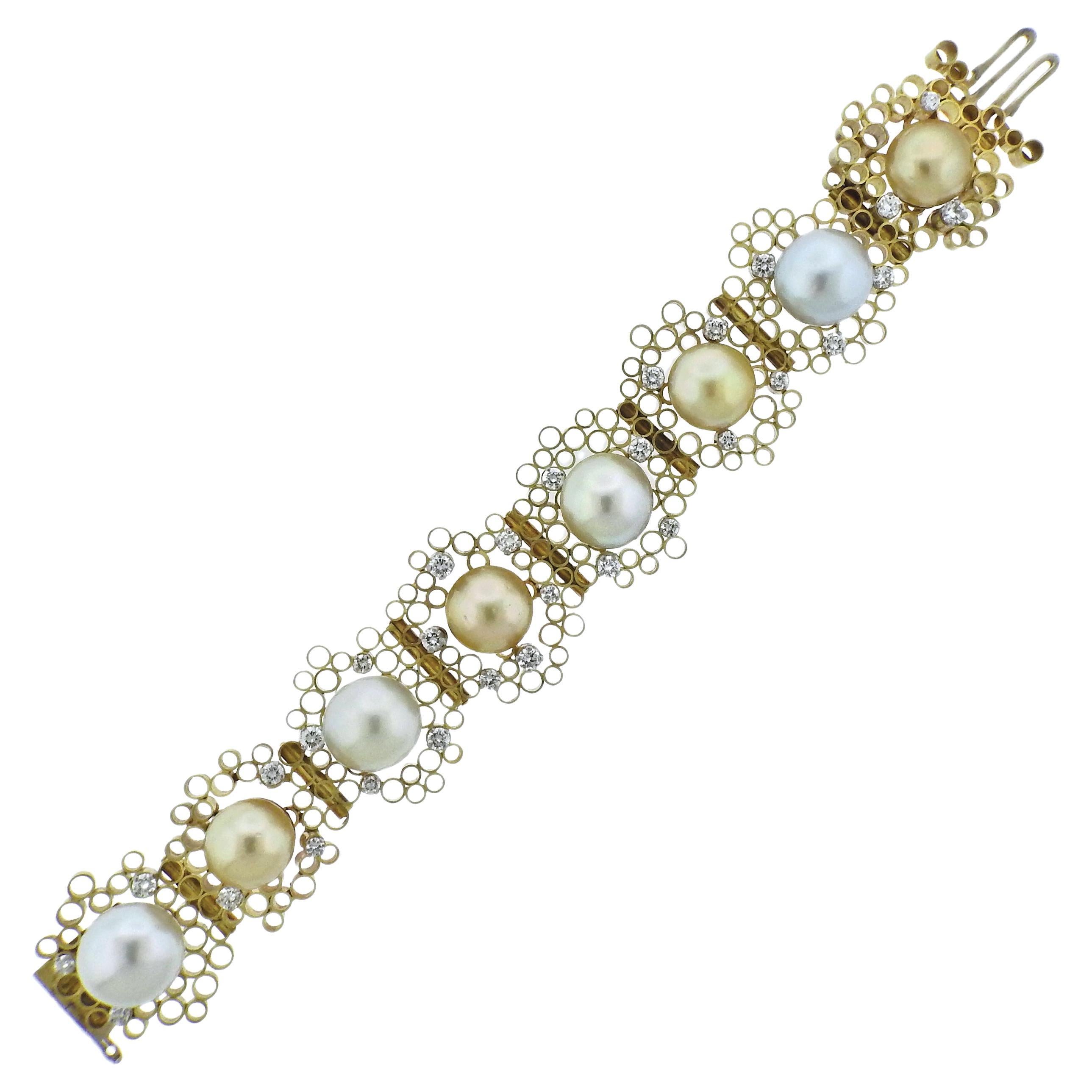 Andrew Grima Pearl Diamond Gold Honeycomb Bracelet For Sale