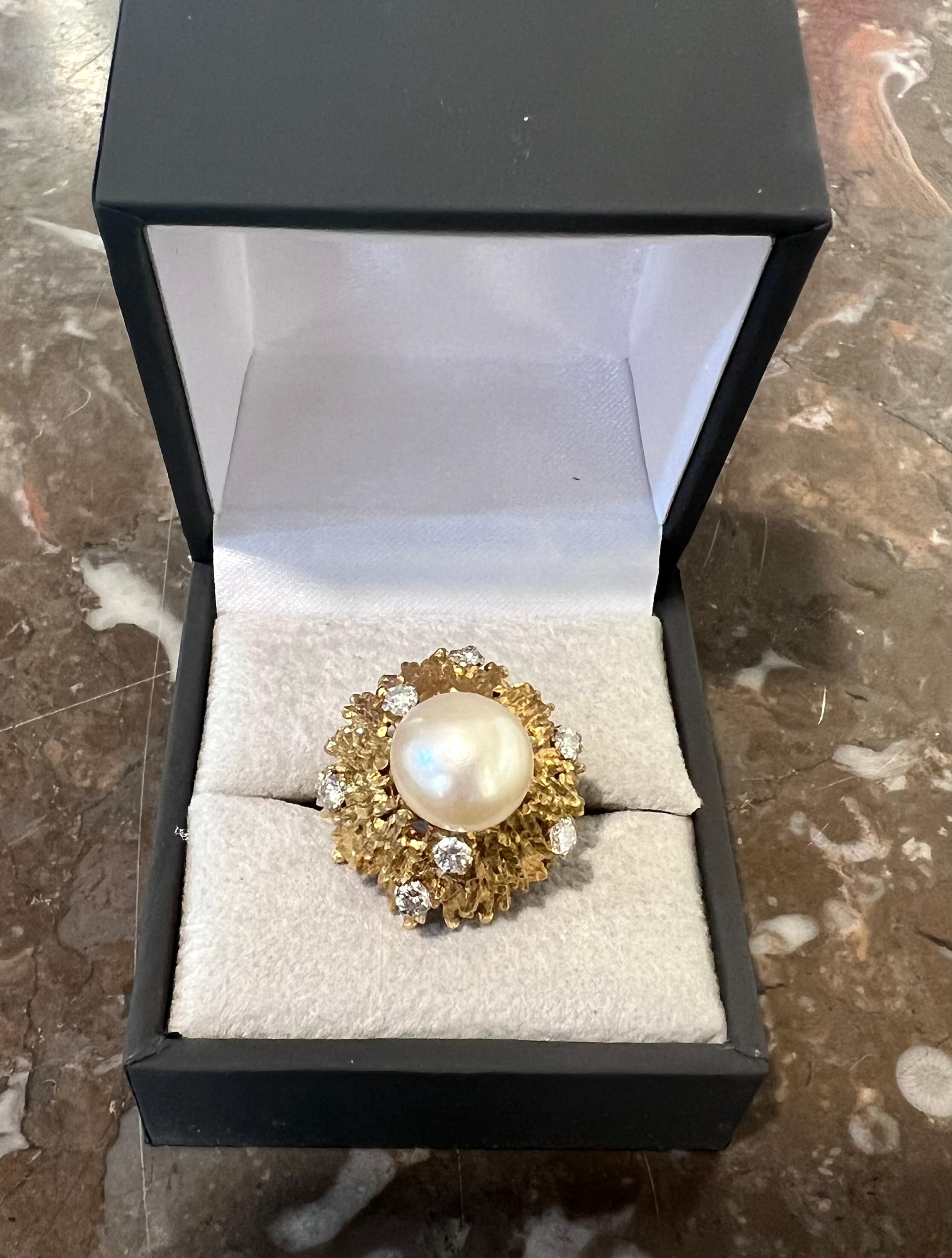 Mixed Cut Andrew Grima Pearl Diamonds 18 Carat Yellow Gold Ring For Sale