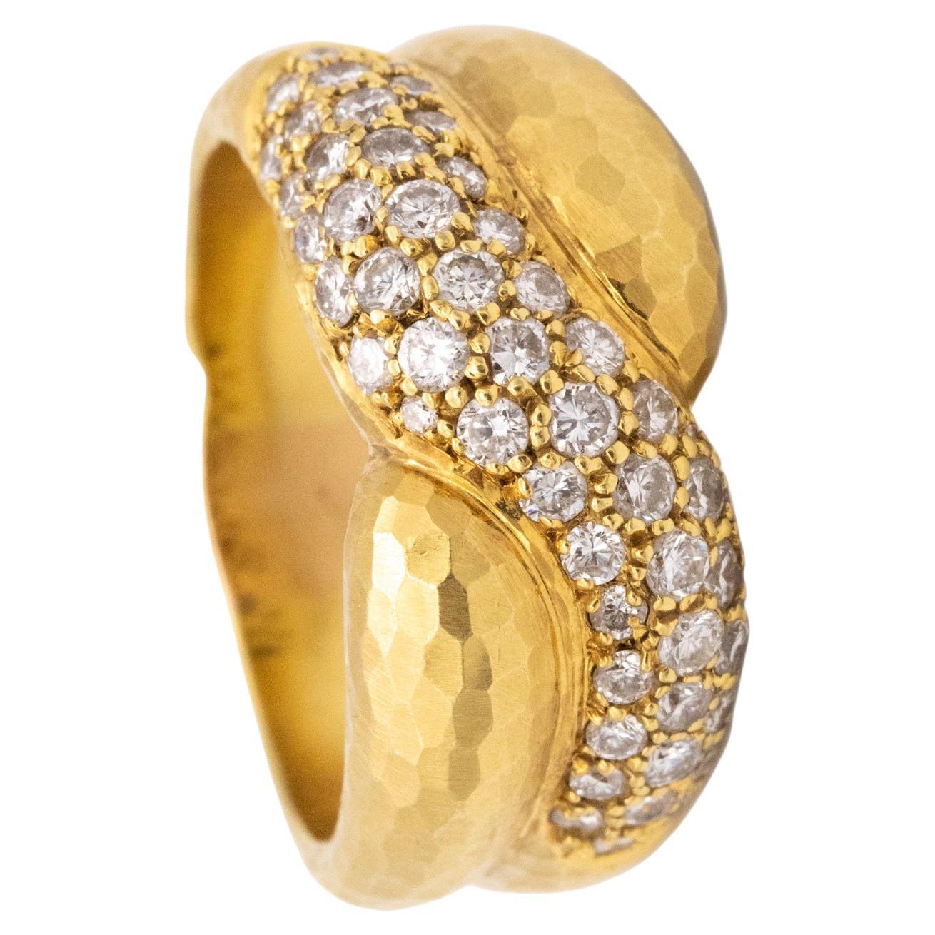 Andrew Grima Rare Hammered Ring in 18Kt Yellow Gold with 1.50 Ctw in VS Diamonds