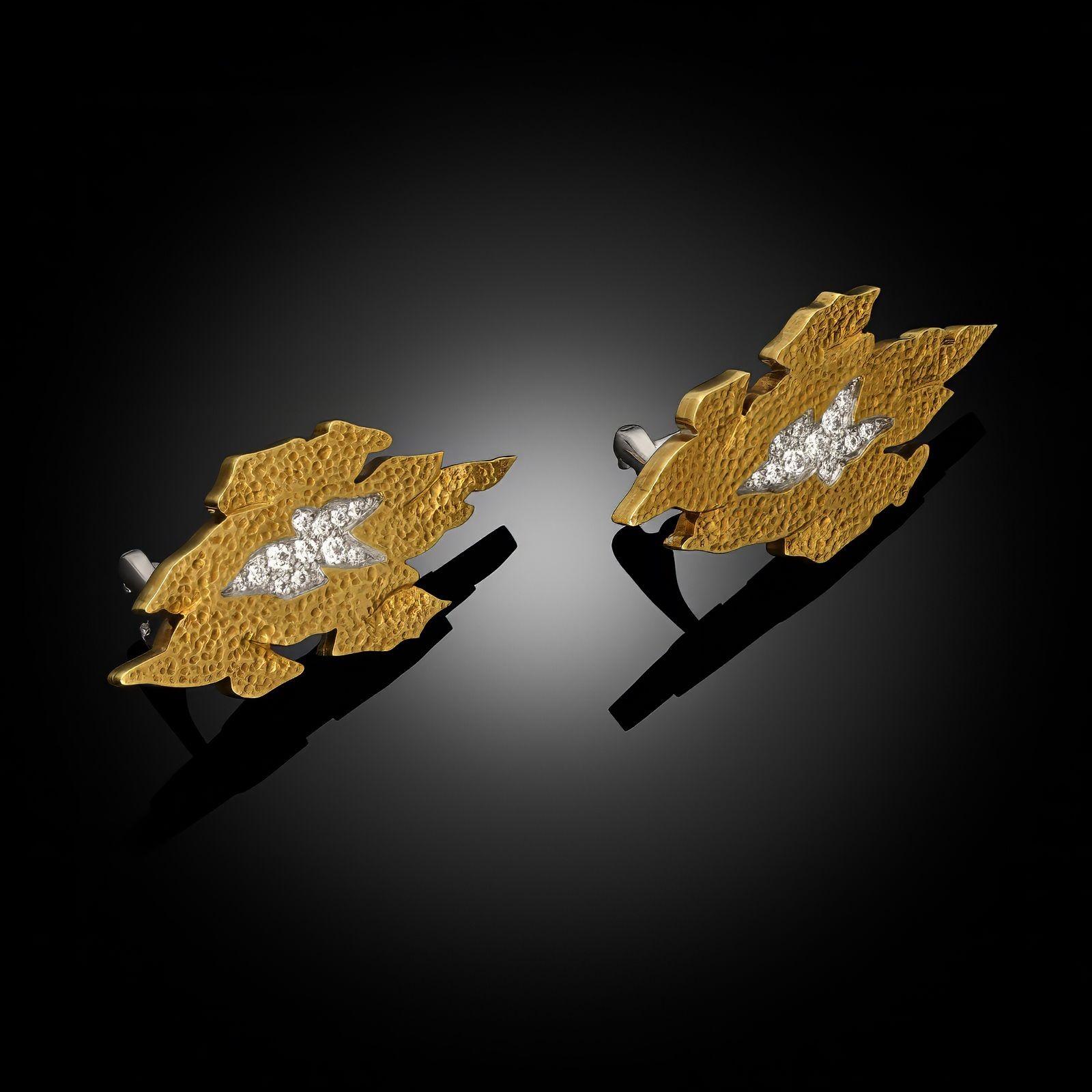 Brilliant Cut Andrew Grima Vintage Textured Gold & Diamond Earrings circa 1980 For Sale