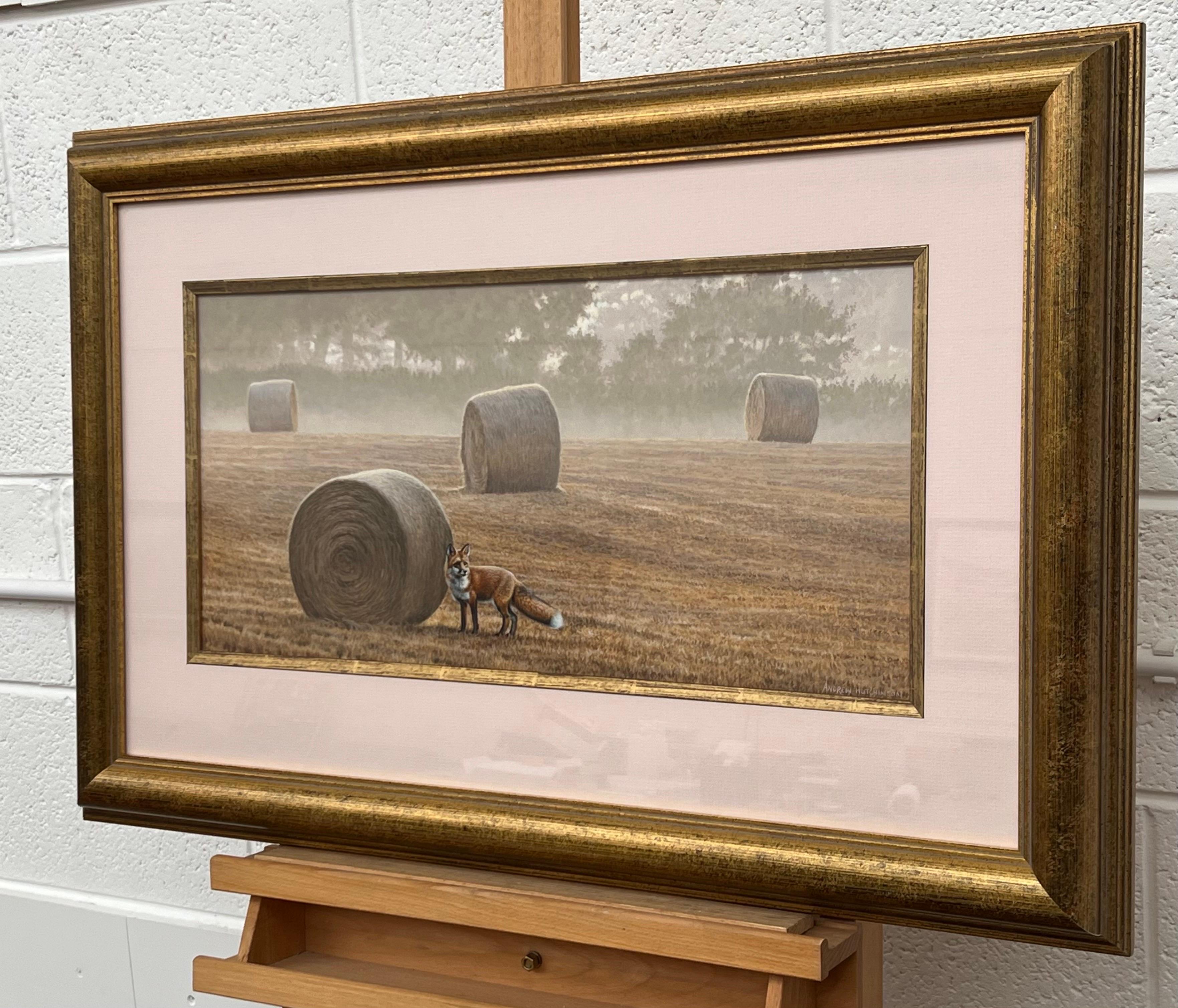 Fuchs inmitten der Hay Bales am Misty Morning in einem Feld in der englischen Landschaft (Braun), Animal Art, von Andrew Hutchinson