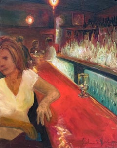 „Lady @ Bar“ Zeitgenössische, farbenfrohe Nachtszene, Öl/Leinwand von Andrew Jackson