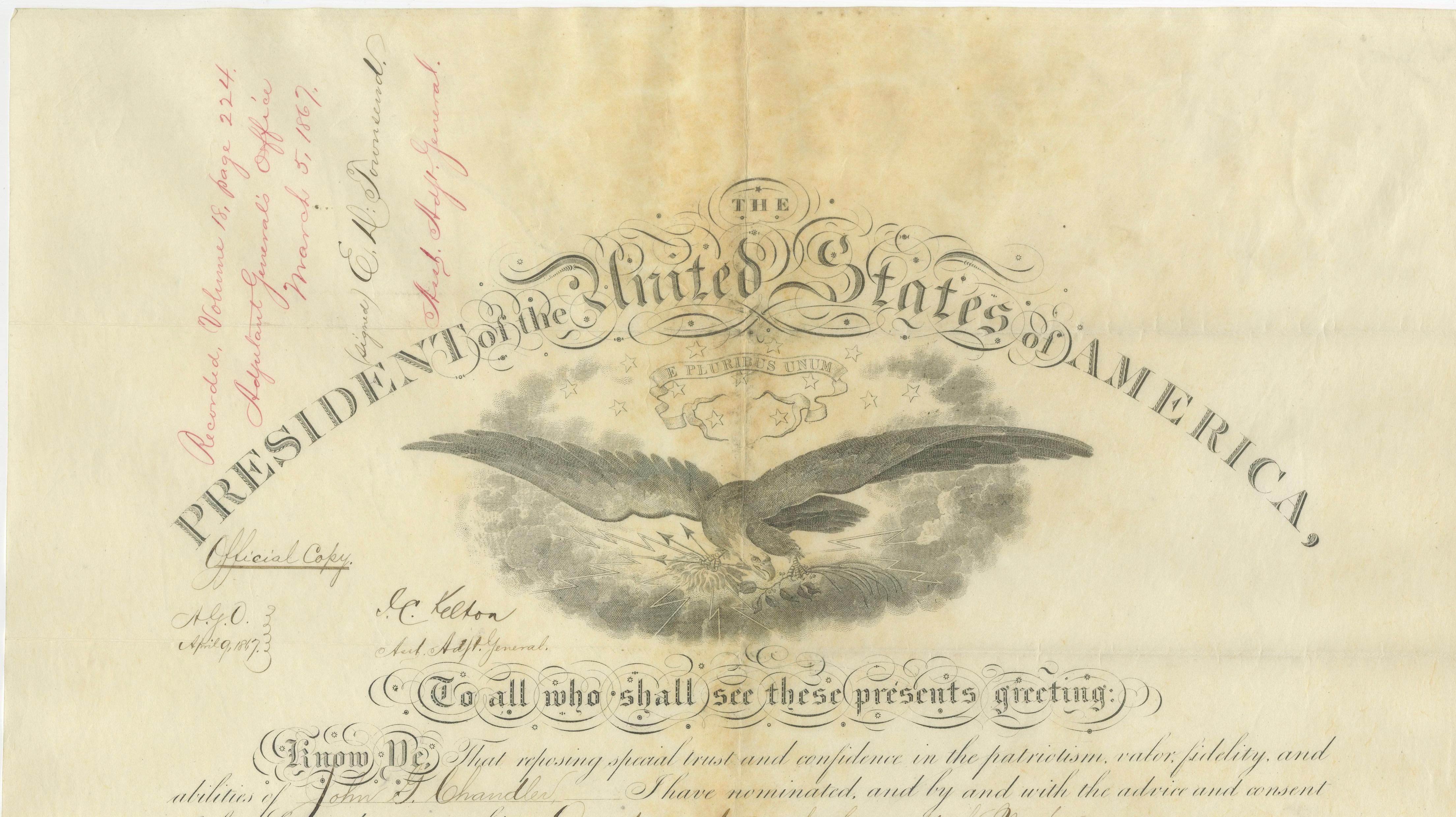 Andrew Johnson Military Commission 1867 – Quartermaster Appointment Civil War