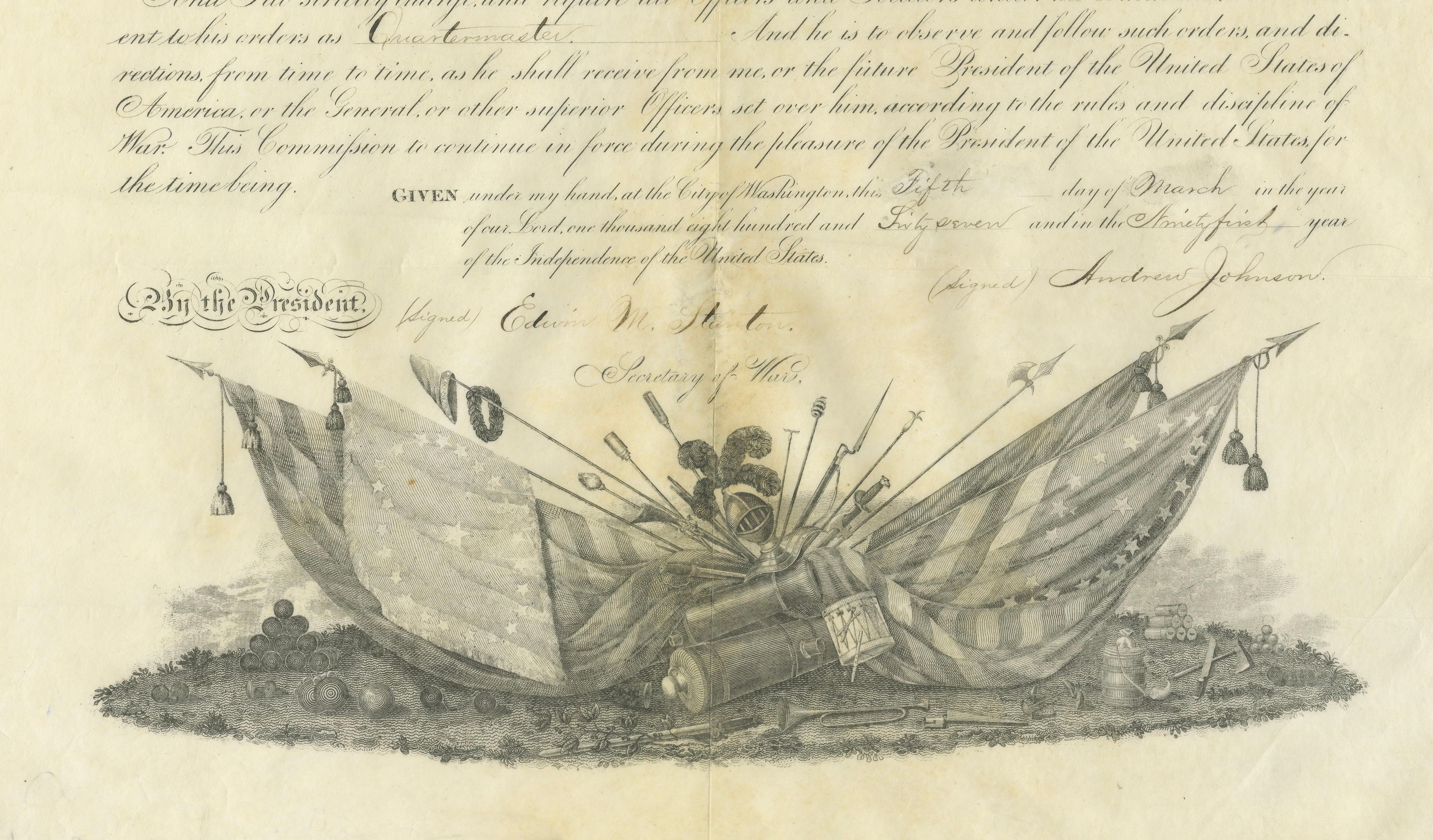 Andrew Johnson Military Commission 1867 – Quartermaster Appointment Civil War