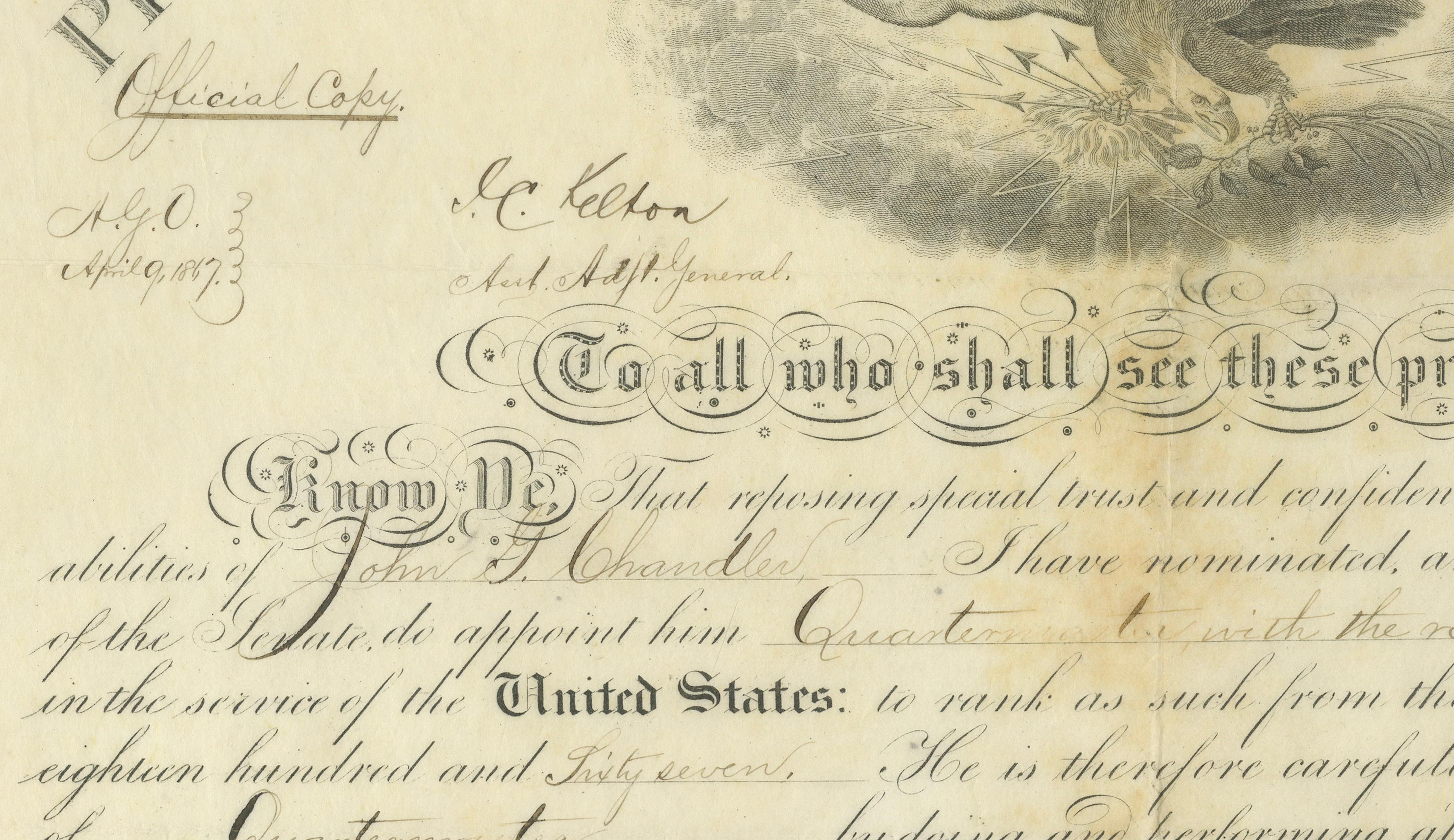 Andrew Johnson Military Commission 1867 – Quartermaster Appointment Civil War