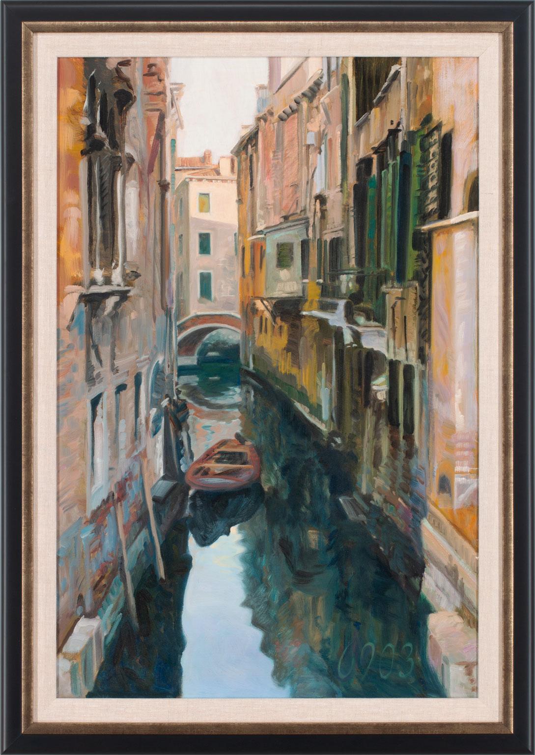 Peinture à l'huile originale sur toile « Shadowed Canal » d'Andrew Jones, encadrée