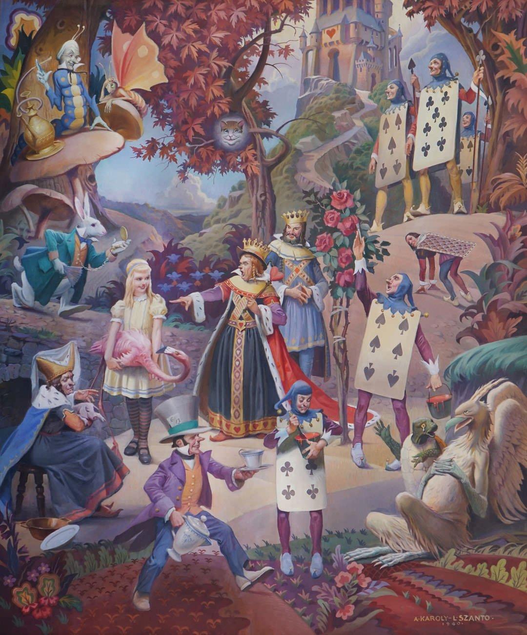 Andrew Karoly (Hungarian-American, 1893-1978)/
Louis Szántó (Hungarian-American, 1889-1965)

Alice in Wonderland, 1960
Oil on canvas
Signed and dated lower right
87 x 72 inches 

Provenance: Purchased and given to the Bertram Woods Branch of the