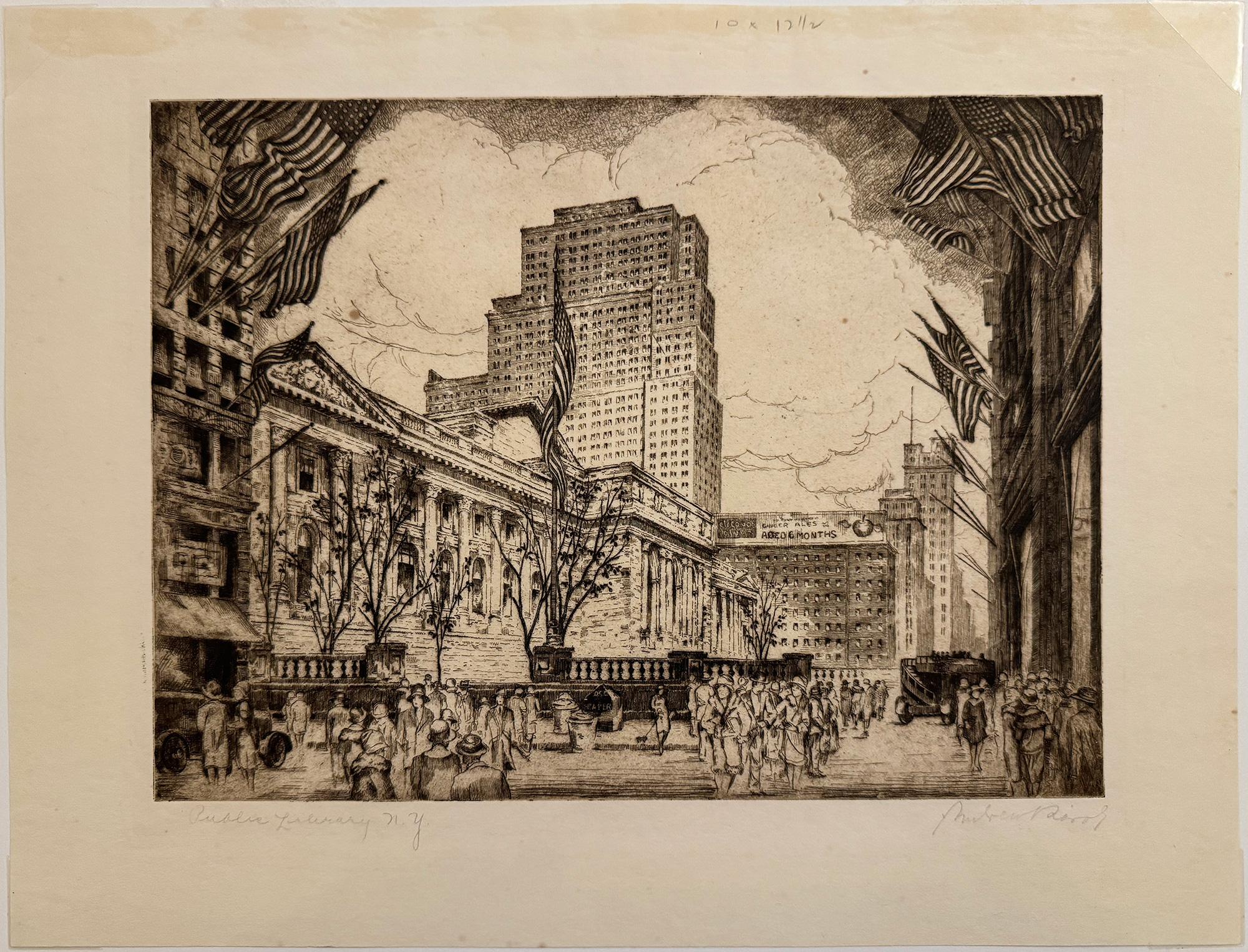 Vista de la Biblioteca Pública de Nueva York, mirando hacia arriba por la 5ª Avenida. - Print de Andrew Karoly
