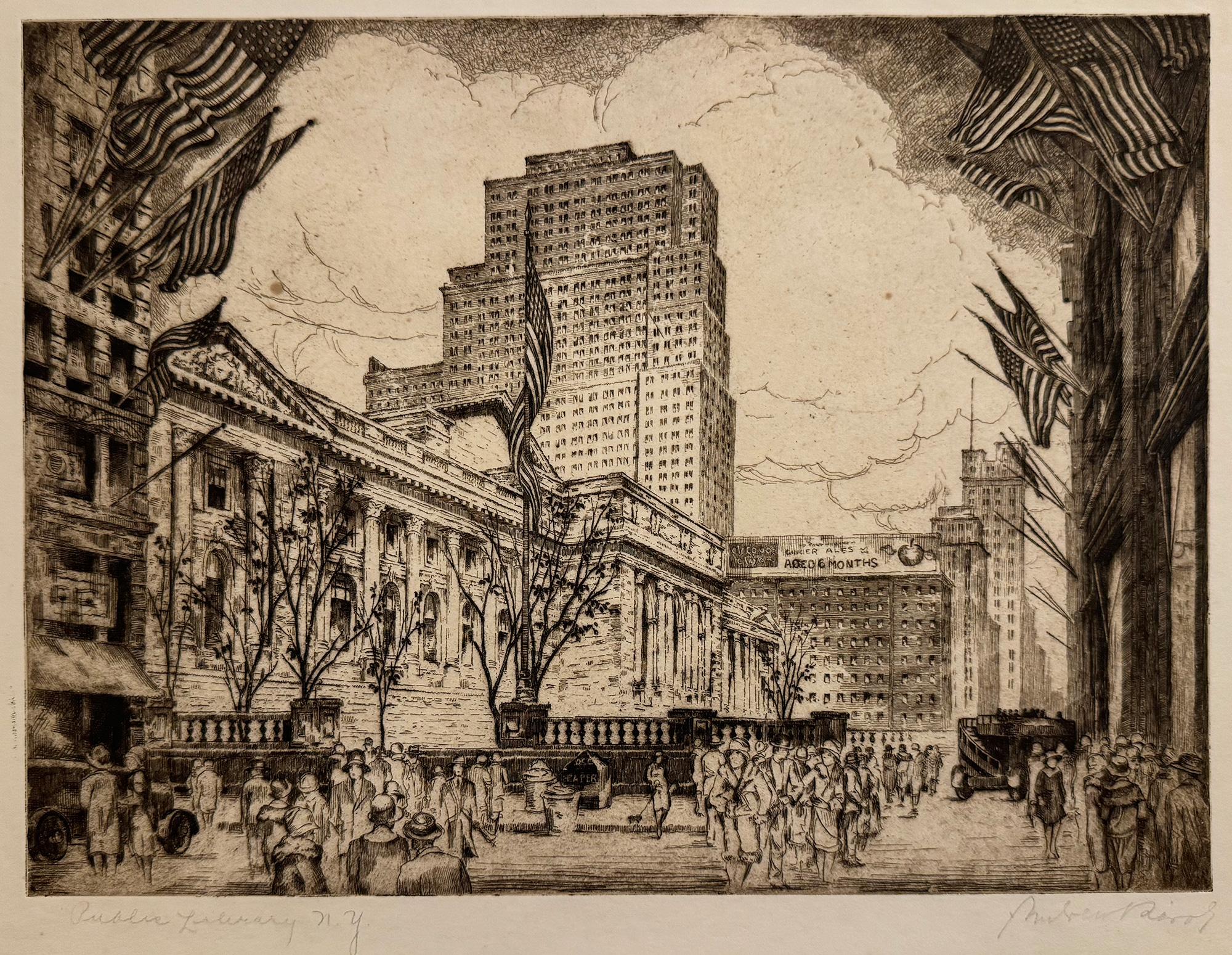 Una vista della New York Public Library, guardando verso l'alto lungo la 5th Avenue.