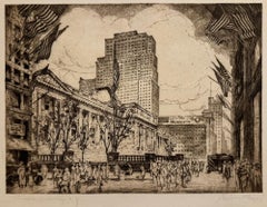 Una vista della New York Public Library, guardando verso l'alto lungo la 5th Avenue.