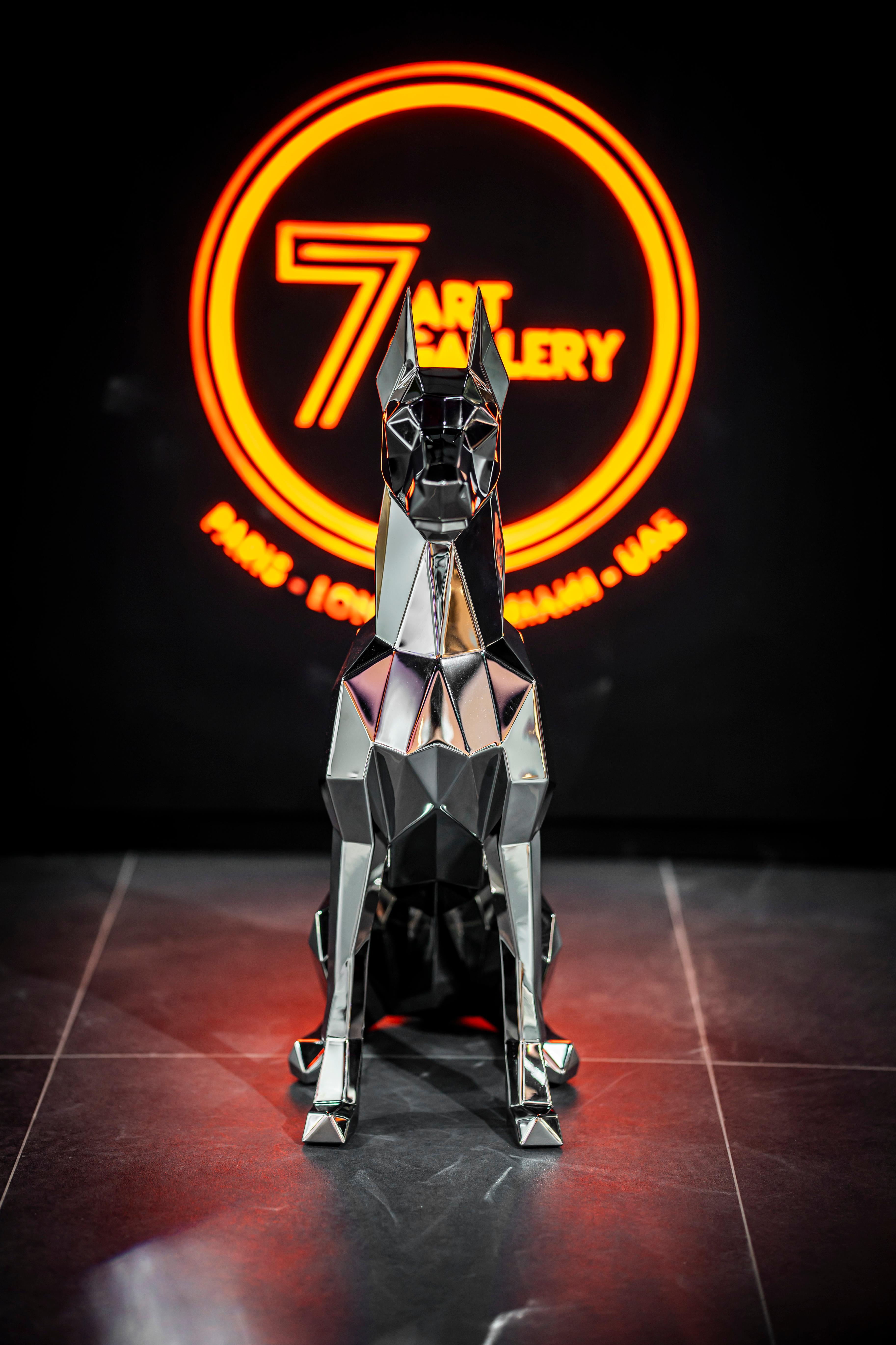 ANDREW K - Mirror Polished Sitting Doberman 44cm - Pop Art Sculpture by ANDREW KAZANTSEV