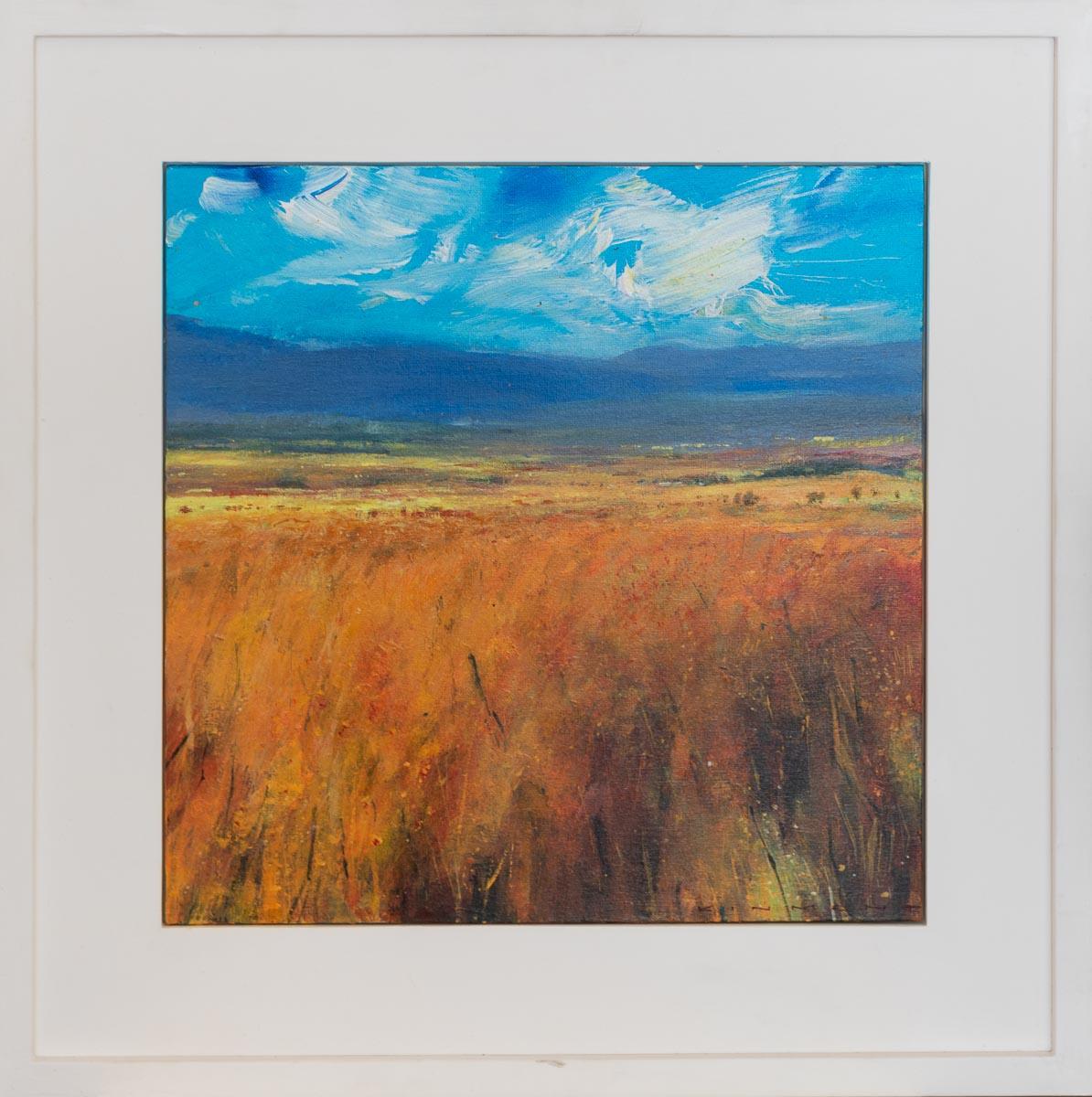 Andrew Kinmont Abstract Painting - Fields of Gold- contemporary abstract landscape framed mixed media painting