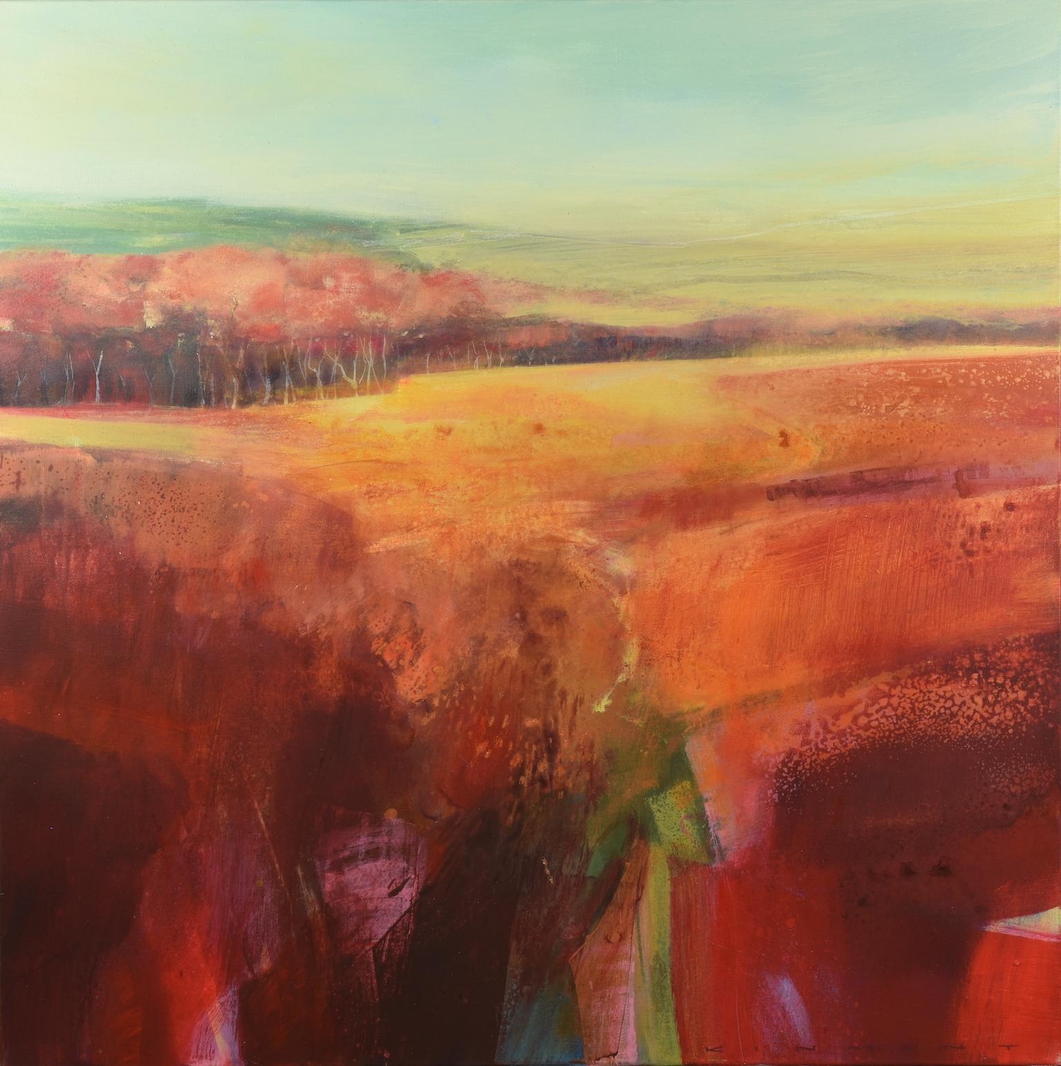 Meadow's Embrace – zeitgenössisches abstraktes, gerahmtes Gemälde in Mischtechnik