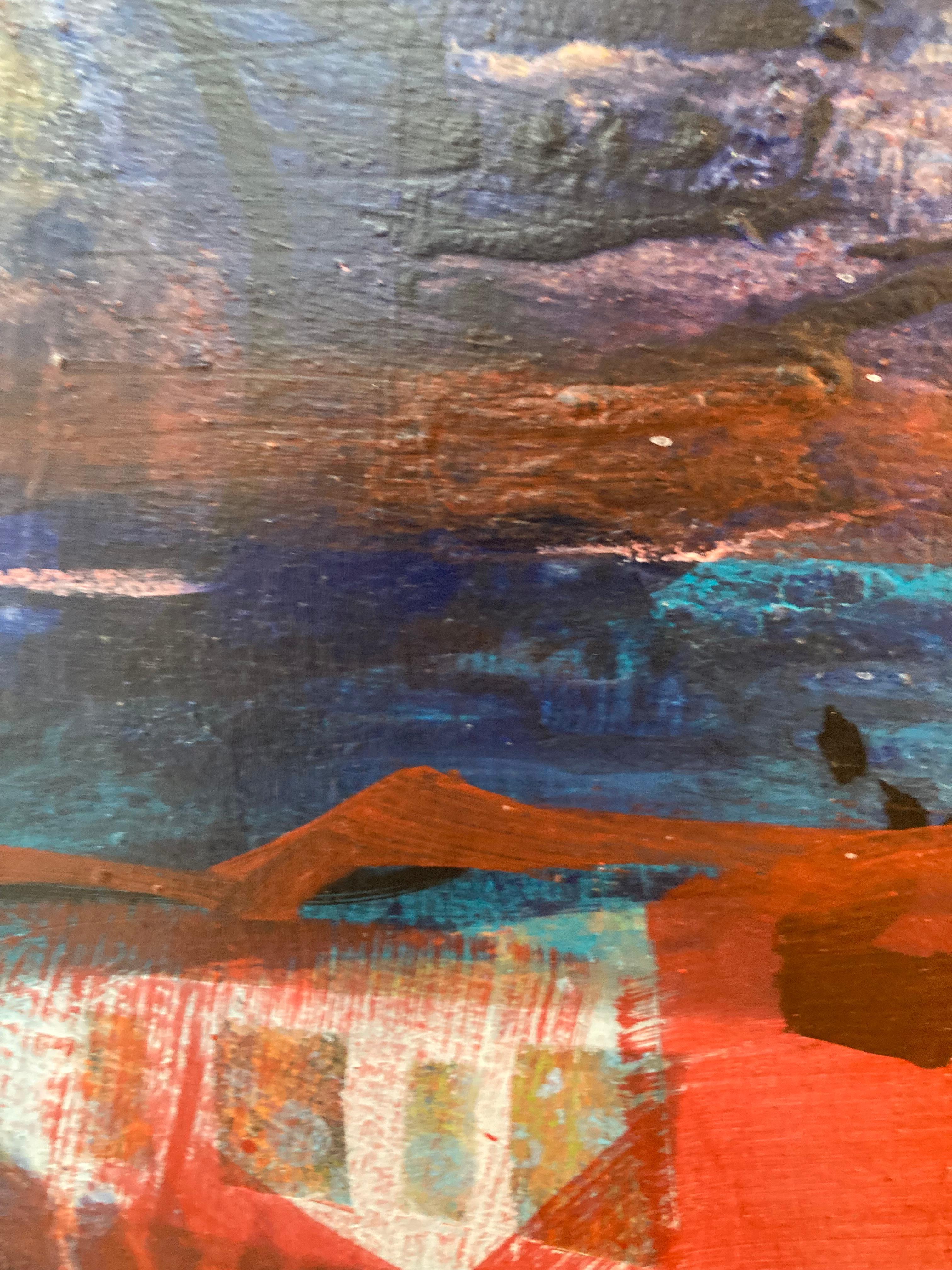 Rubis Shore - Paysage abstrait : peinture encadrée sur toile en technique mixte - Gris Abstract Painting par Andrew Kinmont