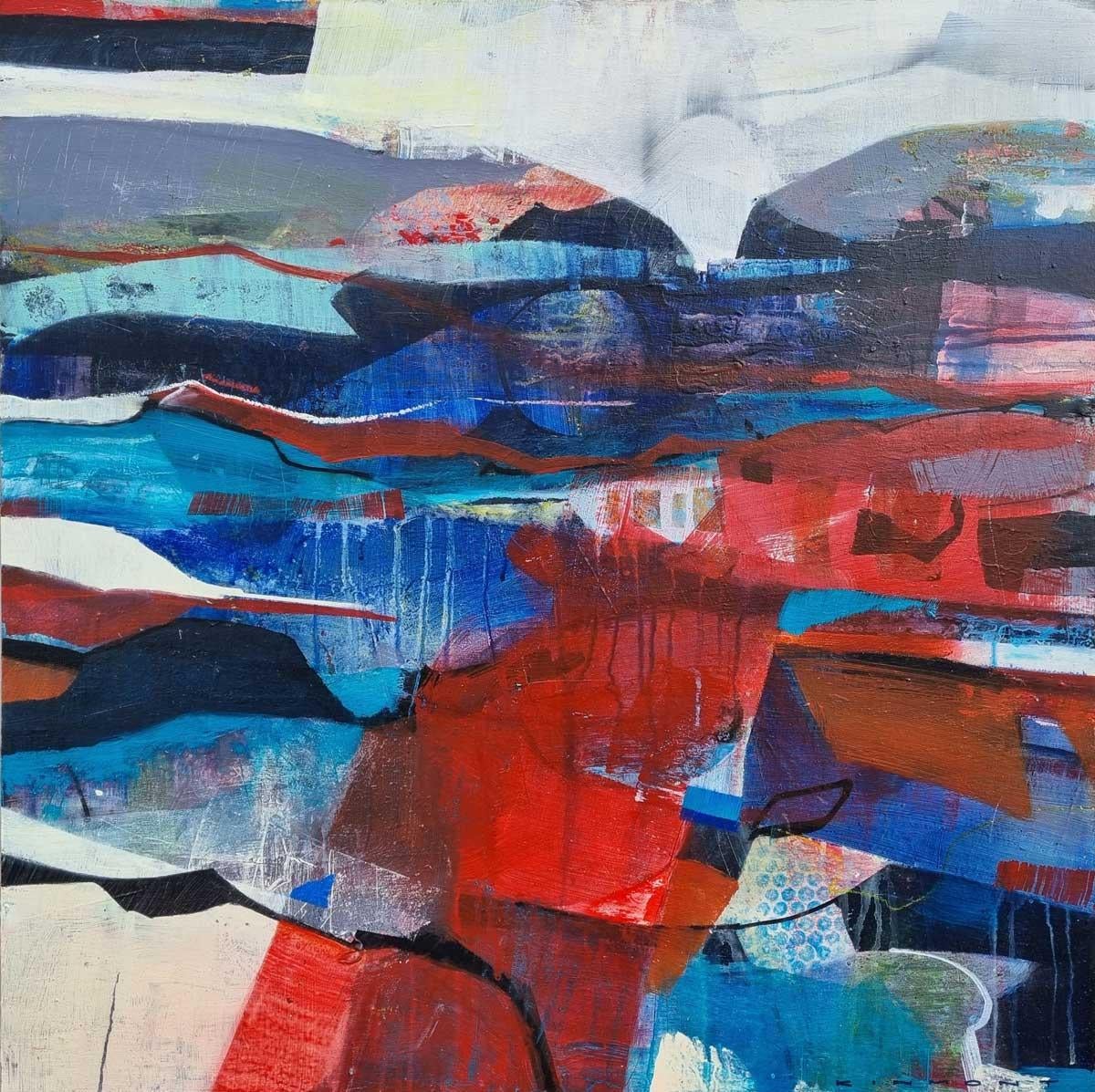 Andrew Kinmont Abstract Painting – Rubin-Shore – Abstrakte Landschaft: Gerahmtes Gemälde in Mischtechnik auf Leinwand