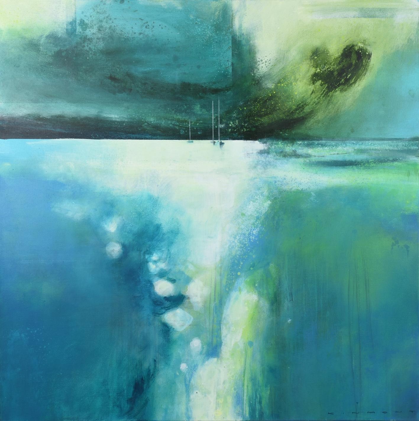 Andrew Kinmont Landscape Painting - Still Havens - contemporary abstract landscape framed mixed media painting