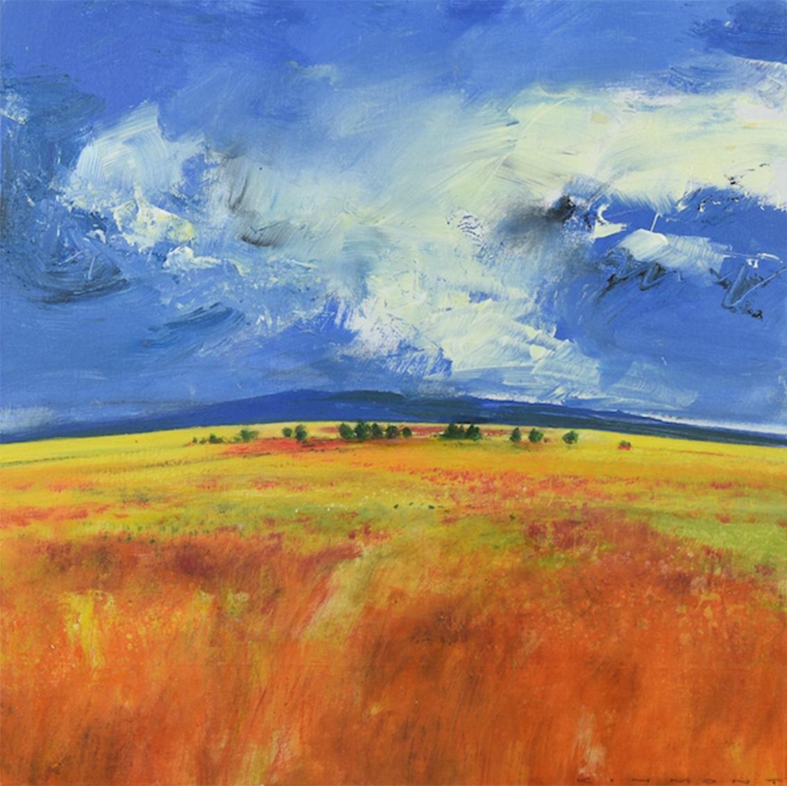 Andrew Kinmont Landscape Painting - Tangerine Days- contemporary abstract mixed media painting