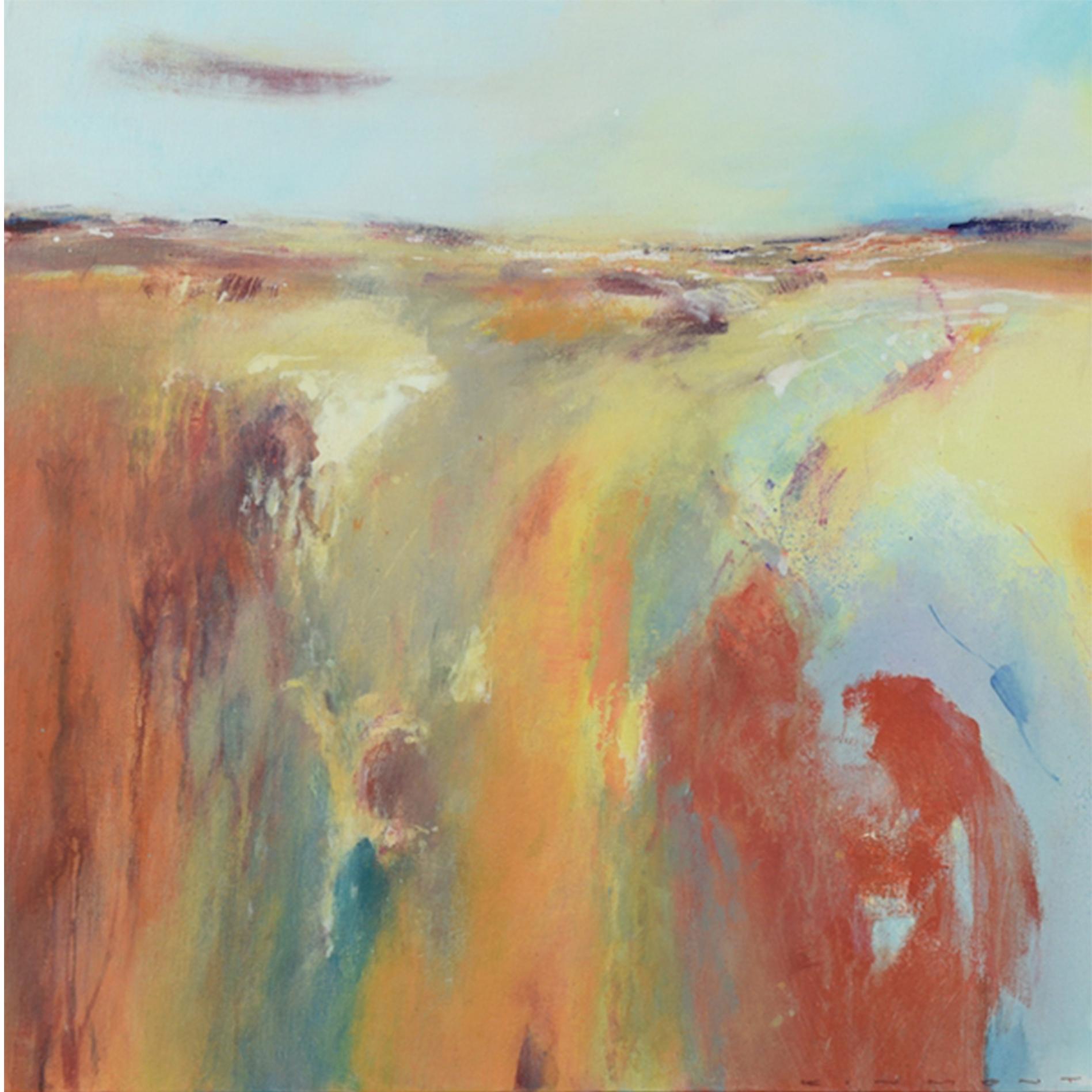 Tangerine Summer II- zeitgenössische abstrakte Landschaft gerahmt gemischte Medien Malerei