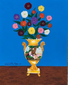 Zinnias dans un vase en porcelaine Old Paris