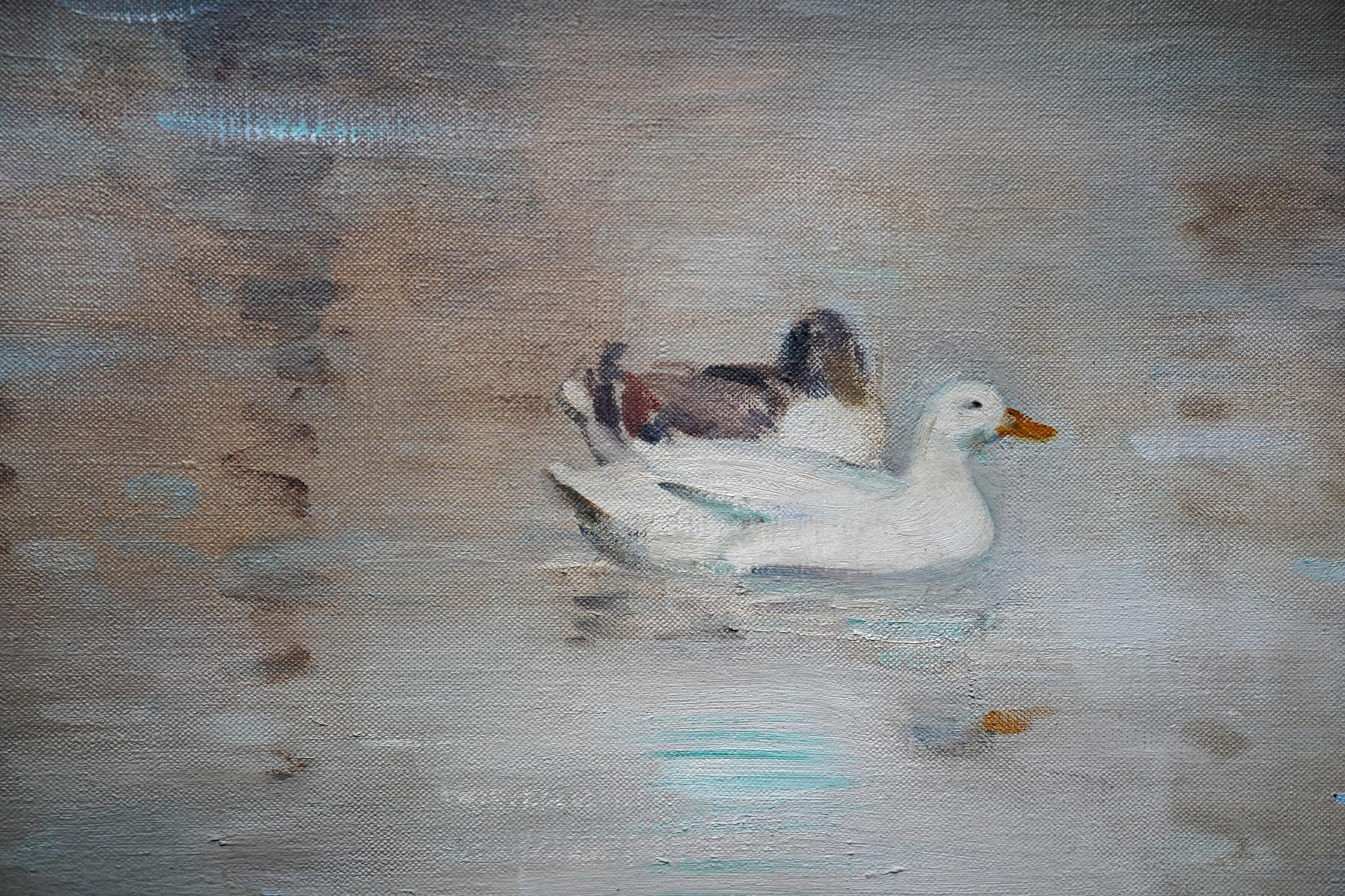 Este precioso óleo escocés es obra del célebre artista Andrew Law. La composición, pintada hacia 1920, representa a un ánade real de perfil sobre una orilla cubierta de hierba, con agua al fondo y otros dos patos nadando. Las patas naranja vivo del