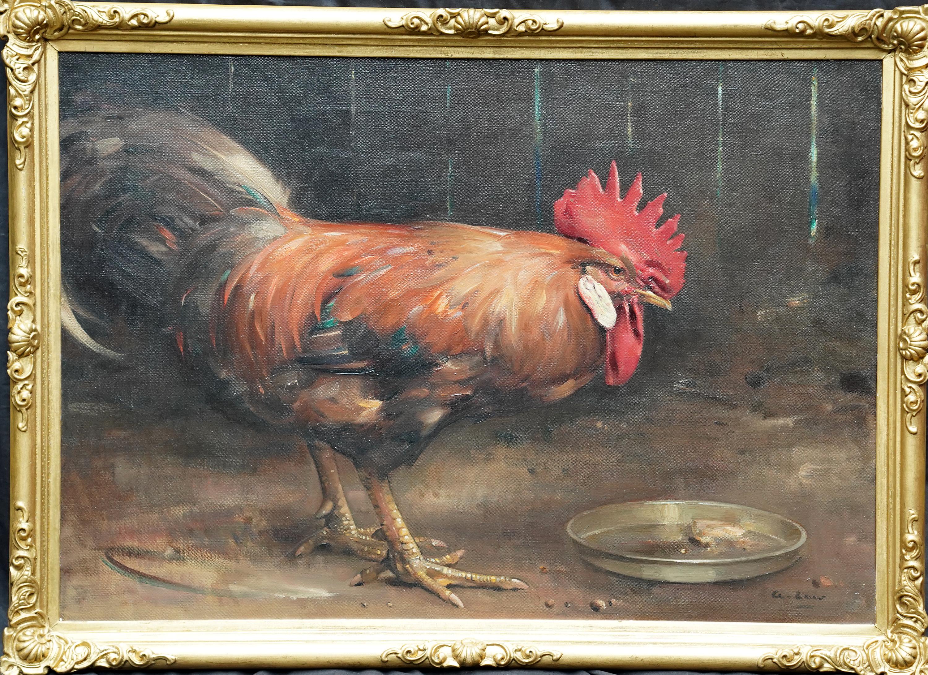 Portrait d'un coq dans une grange - peinture à l'huile écossaise d'art animalier des années 20 en vente 5