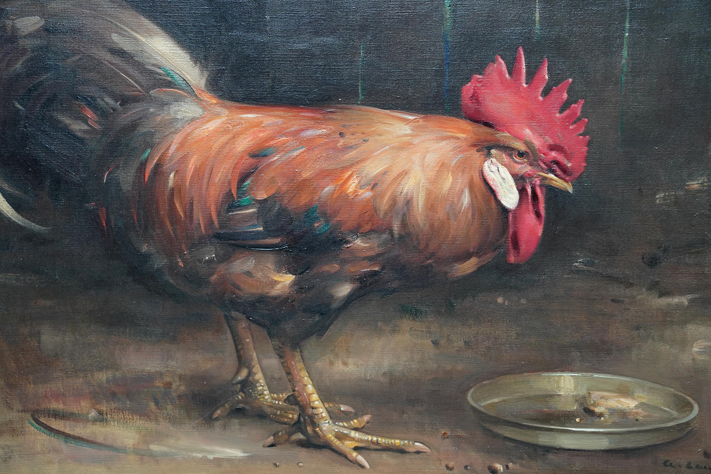 Portrait d'un coq dans une grange - peinture à l'huile écossaise d'art animalier des années 20 - Réalisme Painting par Andrew Law