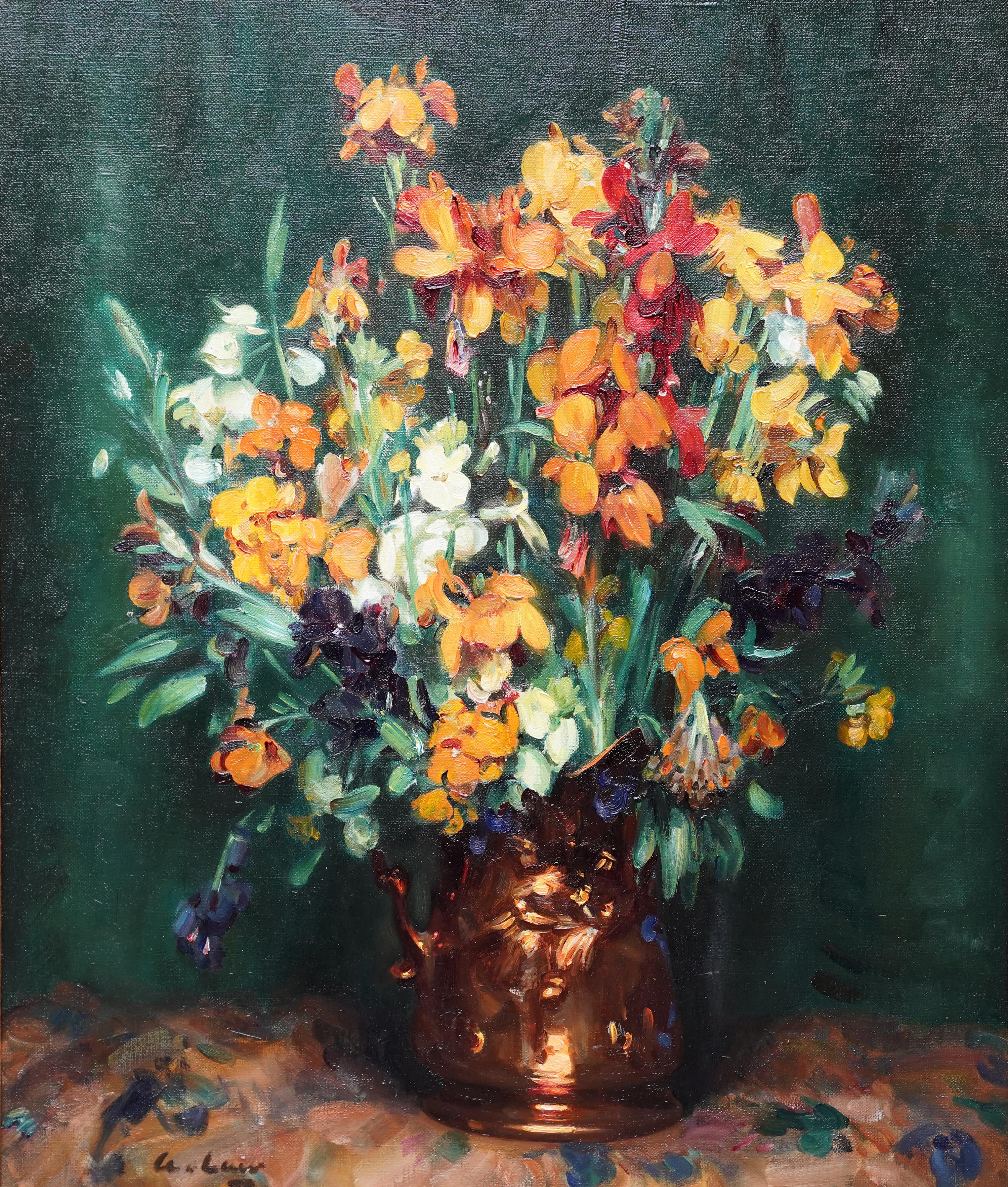 Still Life of Wallflowers - Scottish 1920's exh. floral art flower oil painting - Painting by Andrew Law
